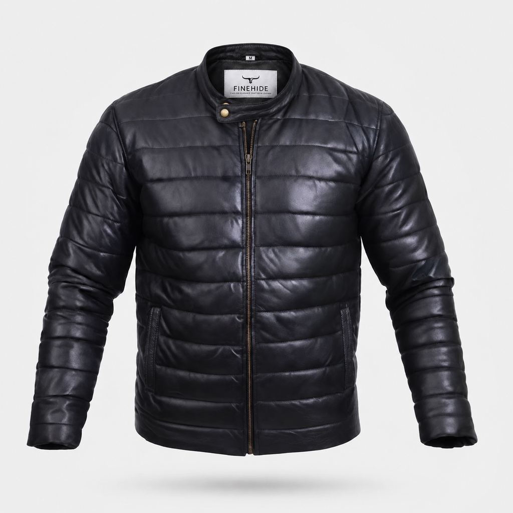 FINEHIDE MEN’S BLACK GENUINE LEATHER QUILTED BOMBER JACKET FOR  MEN