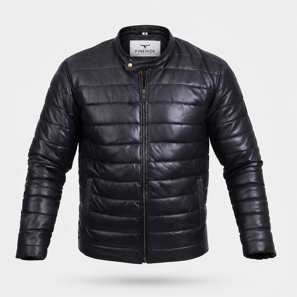 FINEHIDE MEN’S BLACK GENUINE LEATHER QUILTED BOMBER JACKET FOR  MEN