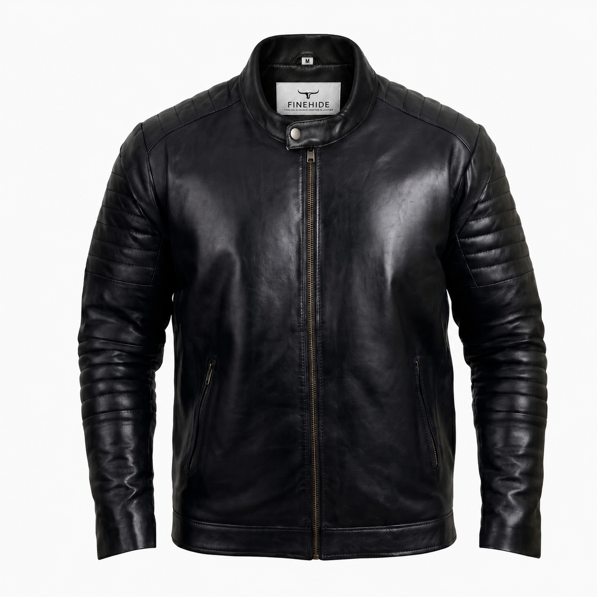 FINEHIDE MEN’S BLACK GENUINE LEATHER BOMBER JACKET FOR MEN