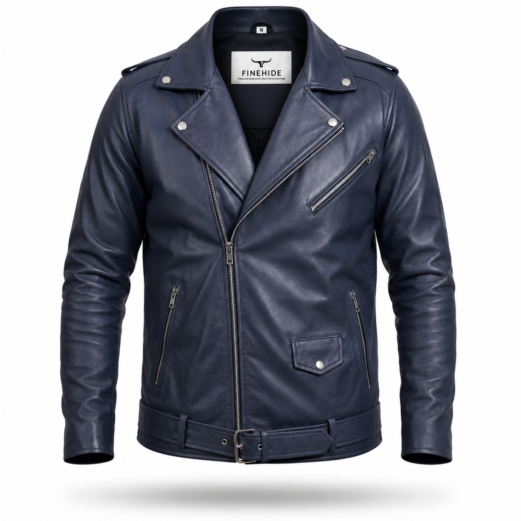 FINEHIDE MEN’S NAVY BLUE GENUINE LEATHER ASYMMETRICAL BIKER JACKET FOR MEN