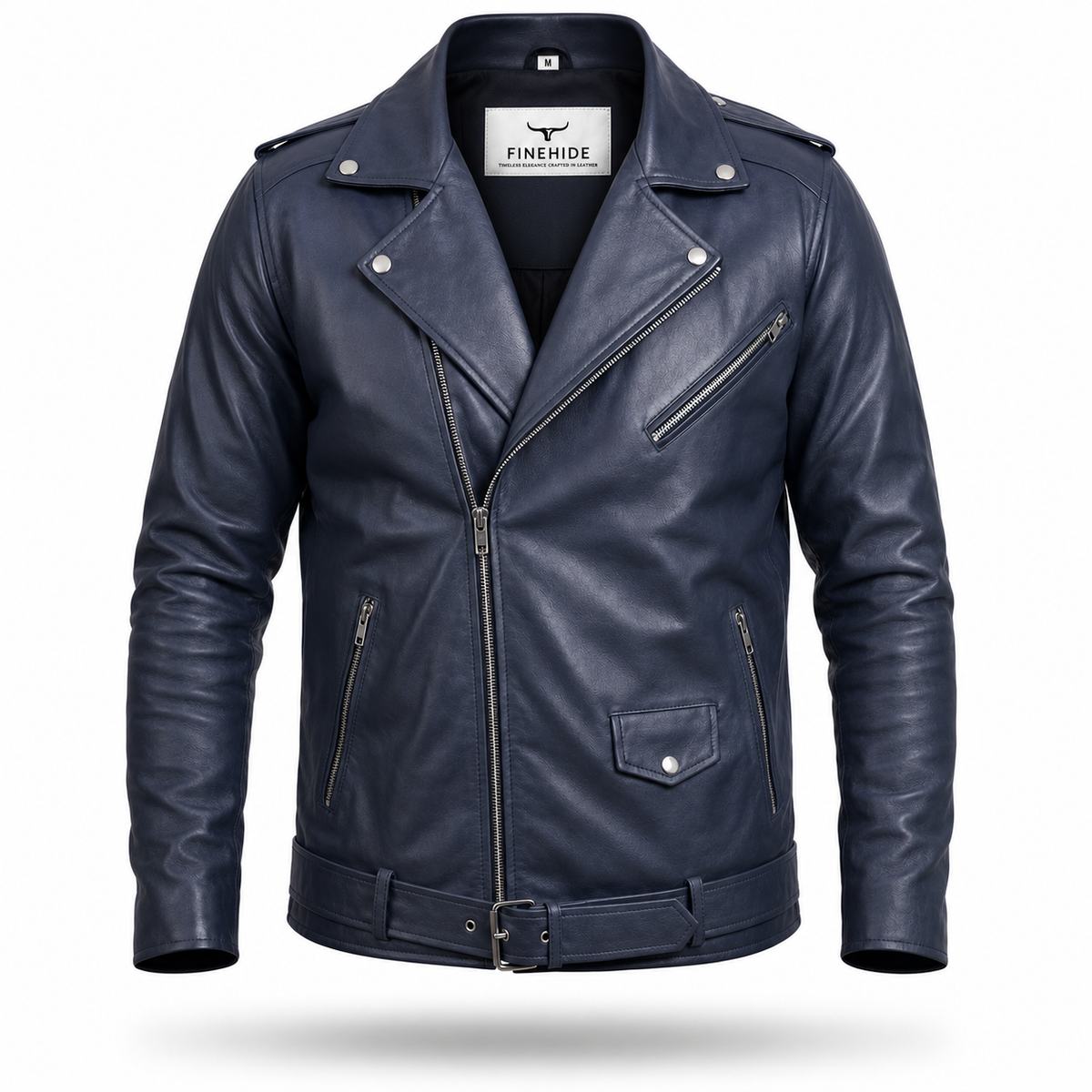 FINEHIDE MEN’S NAVY BLUE GENUINE LEATHER ASYMMETRICAL BIKER JACKET FOR MEN