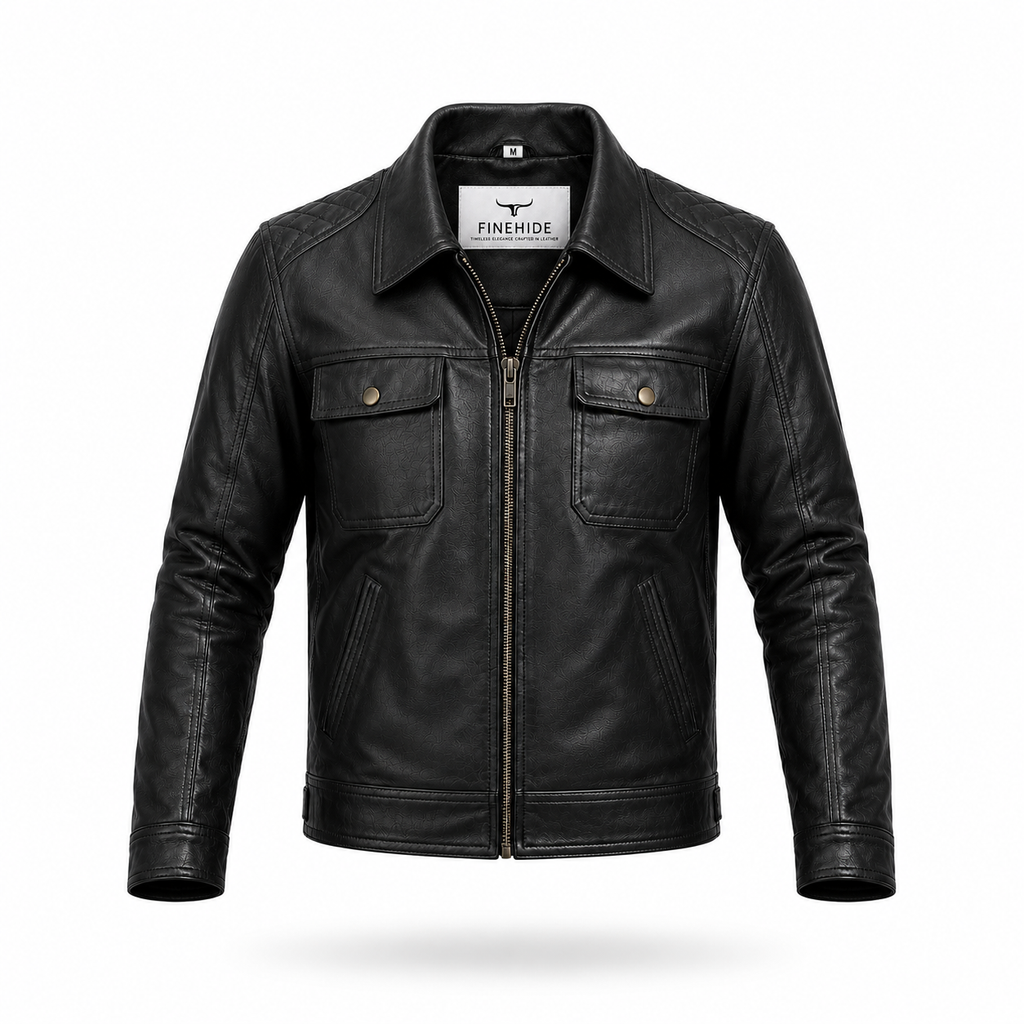 FINEHIDE MEN’S BLACK GENUINE LEATHER MULTI-POCKET JACKET FOR  MEN