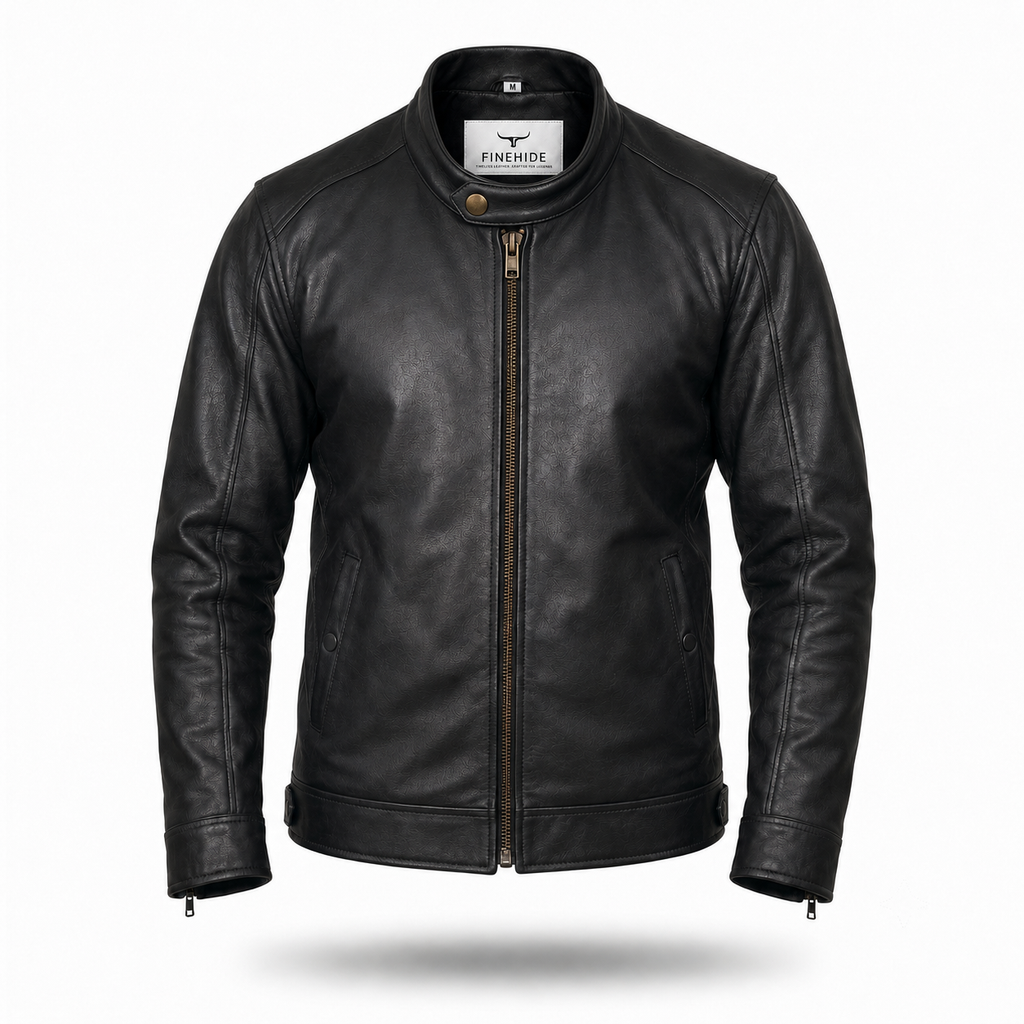 FINEHIDE MEN’S BLACK GENUINE  LEATHER BIKER JACKET WITH SNAP COLLAR FOR MEN