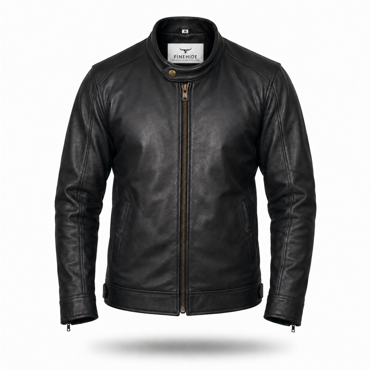 FINEHIDE MEN’S BLACK GENUINE  LEATHER BIKER JACKET WITH SNAP COLLAR FOR MEN