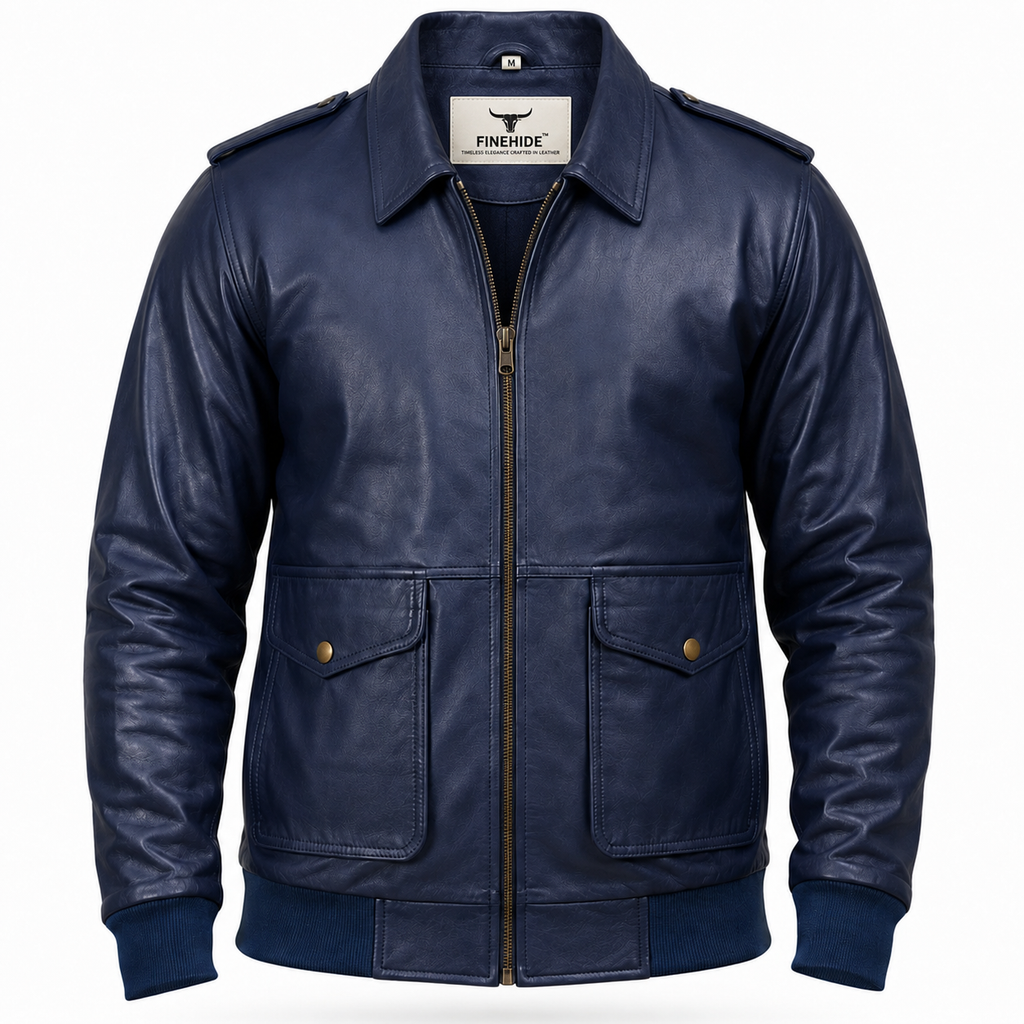 FINEHIDE NAVY BLUE BOMBER GENUINE LEATHER JACKET FOR MEN