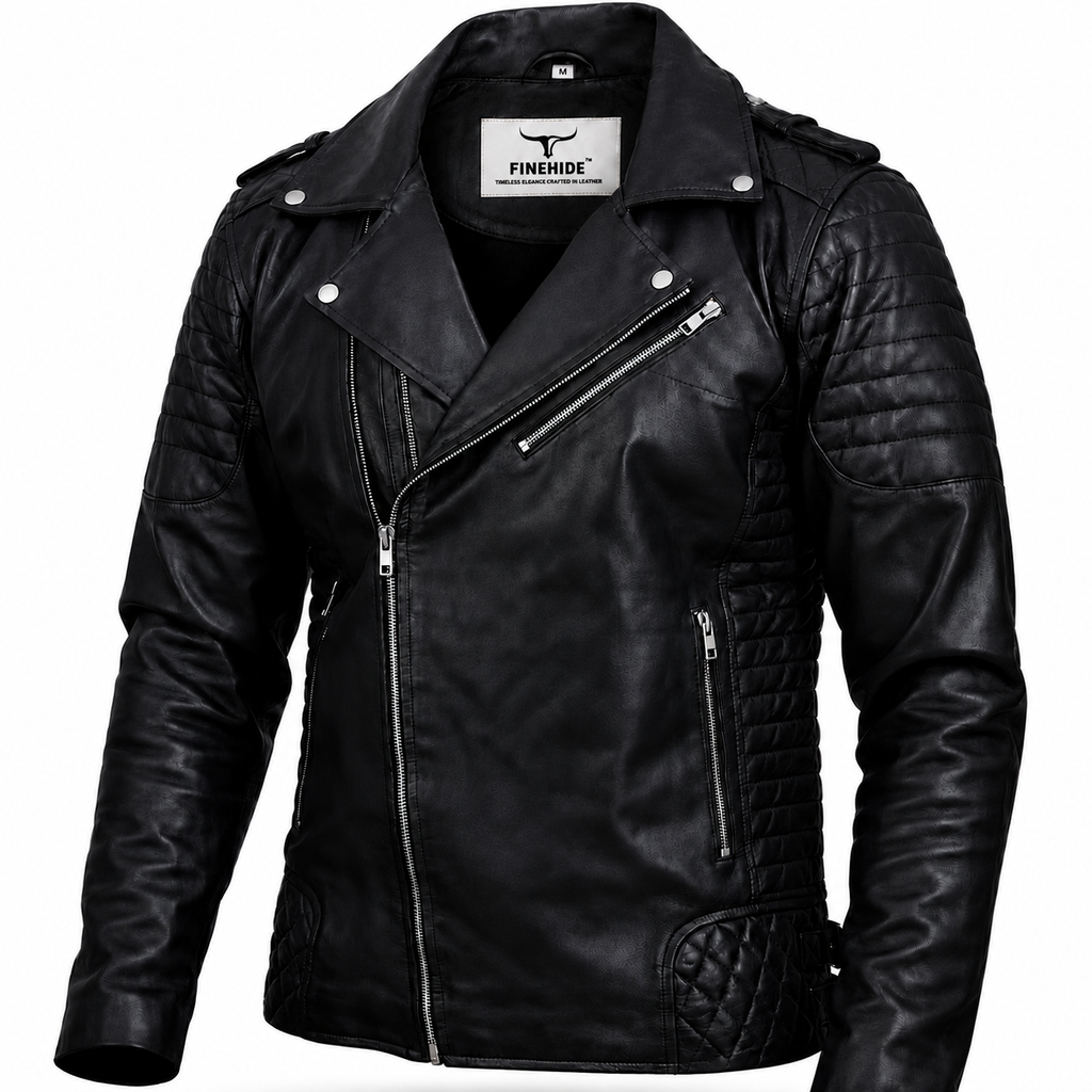 FINEHIDE MEN’S BLACK  BIKER GENUINE LEATHER JACKET FOR MEN