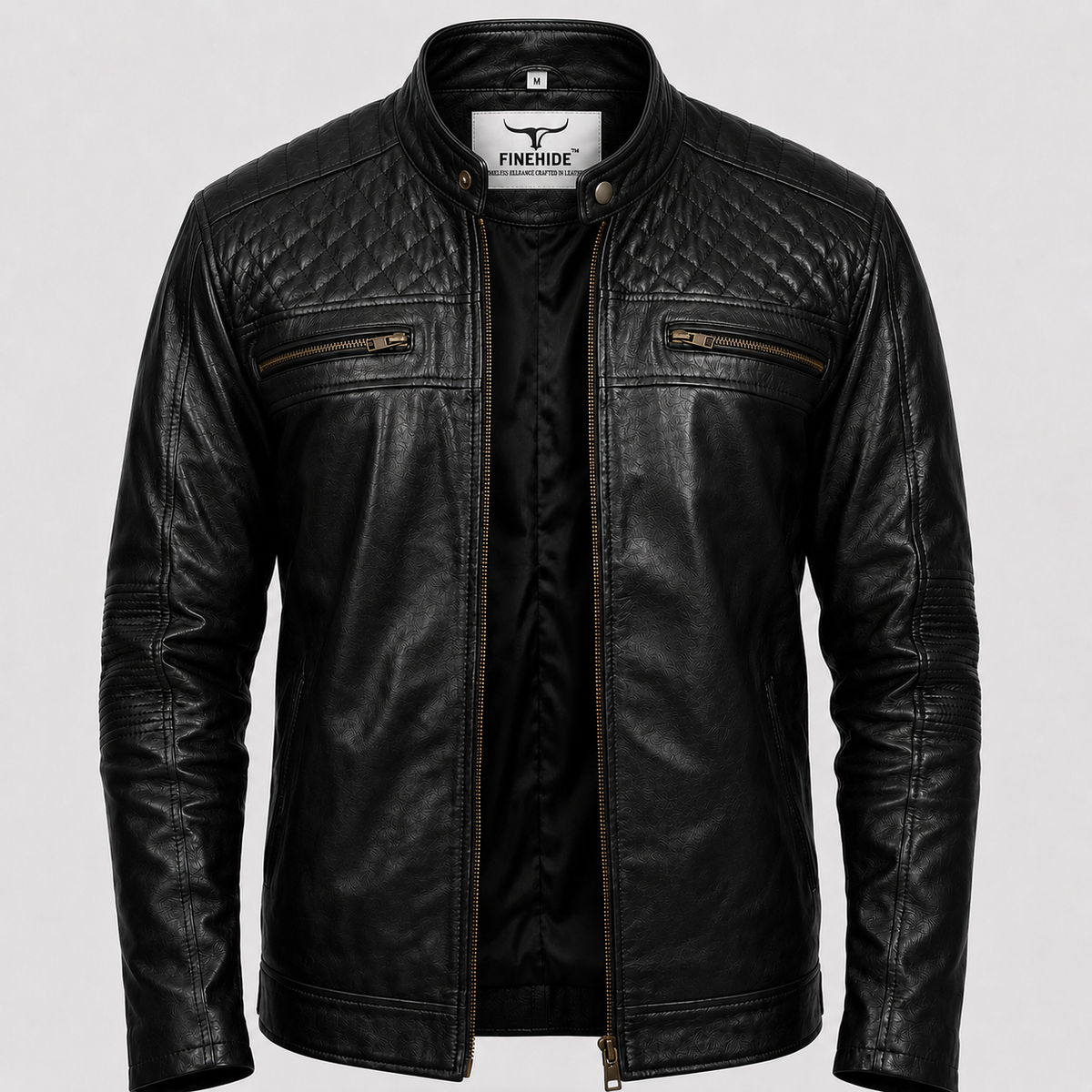 FINEHIDE MEN’S BLACK GENUINE LEATHER CAFE RACER JACKET WITH QUILTED SHOULDERS