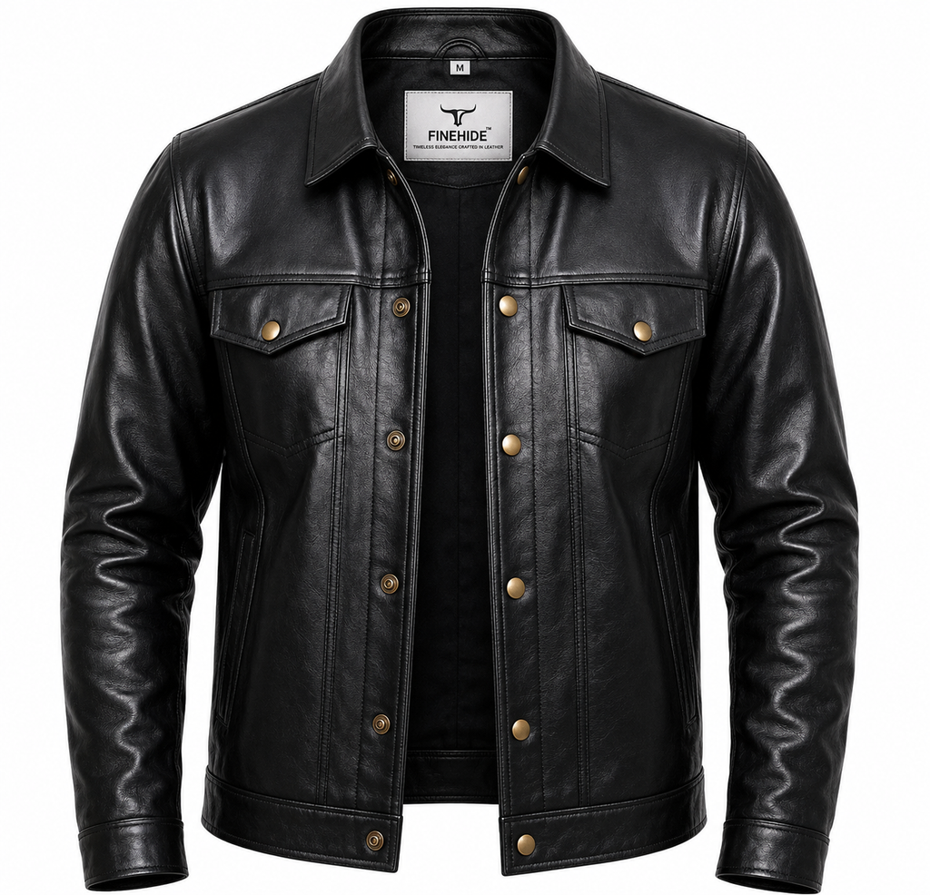 FINEHIDE MEN’S BLACK LEATHER SHIRT COLLAR JACKET WITH FLAP POCKETS