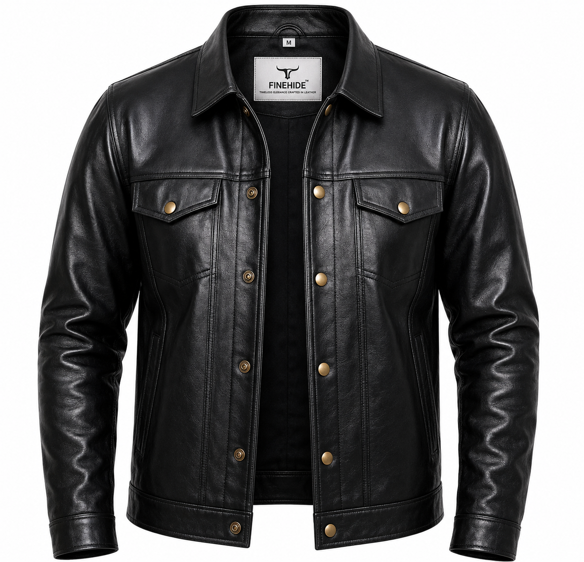 FINEHIDE MEN’S BLACK LEATHER SHIRT COLLAR JACKET WITH FLAP POCKETS