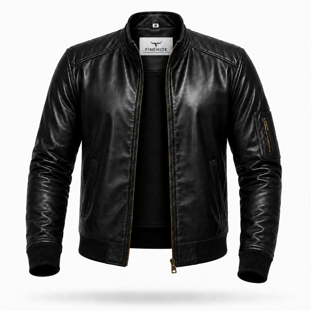 FINEHIDE MEN’S BLACK LEATHER BOMBER JACKET WITH BAND COLLAR FOR  MEN