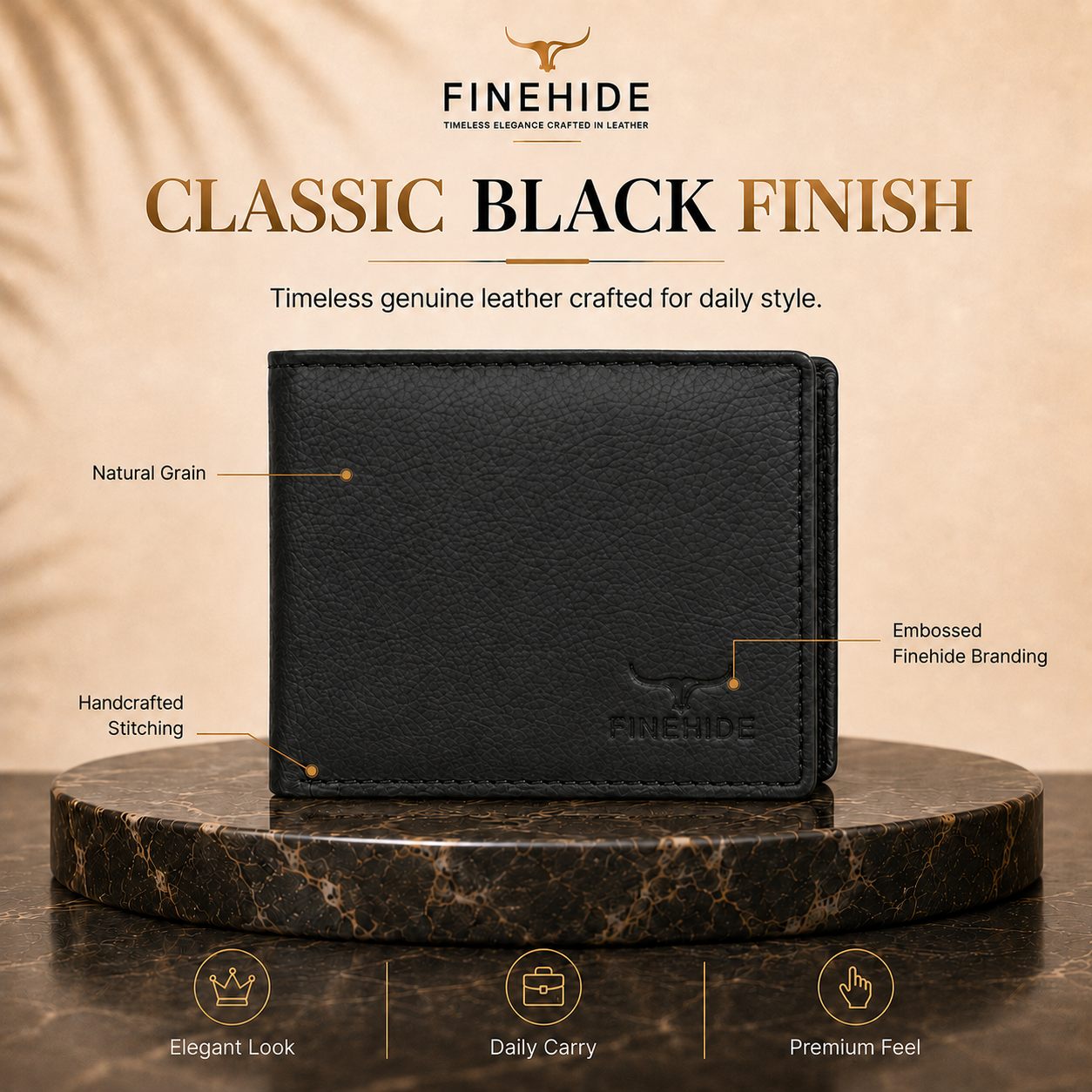 Finehide Classic Bifold Wallet for Men's Black Genuine Leather,  Premium Gift Box