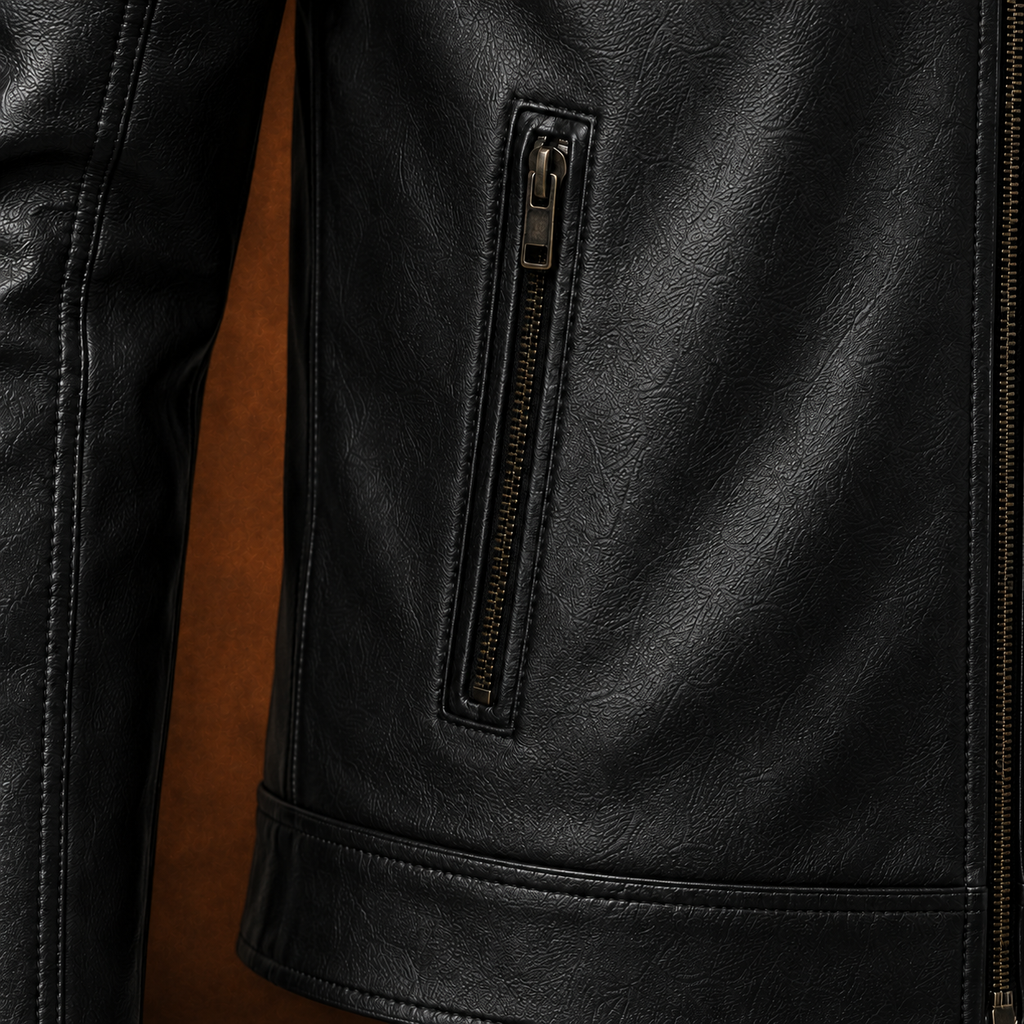 Man wearing the FINEHIDE men's genuine leather zip-up jacket
