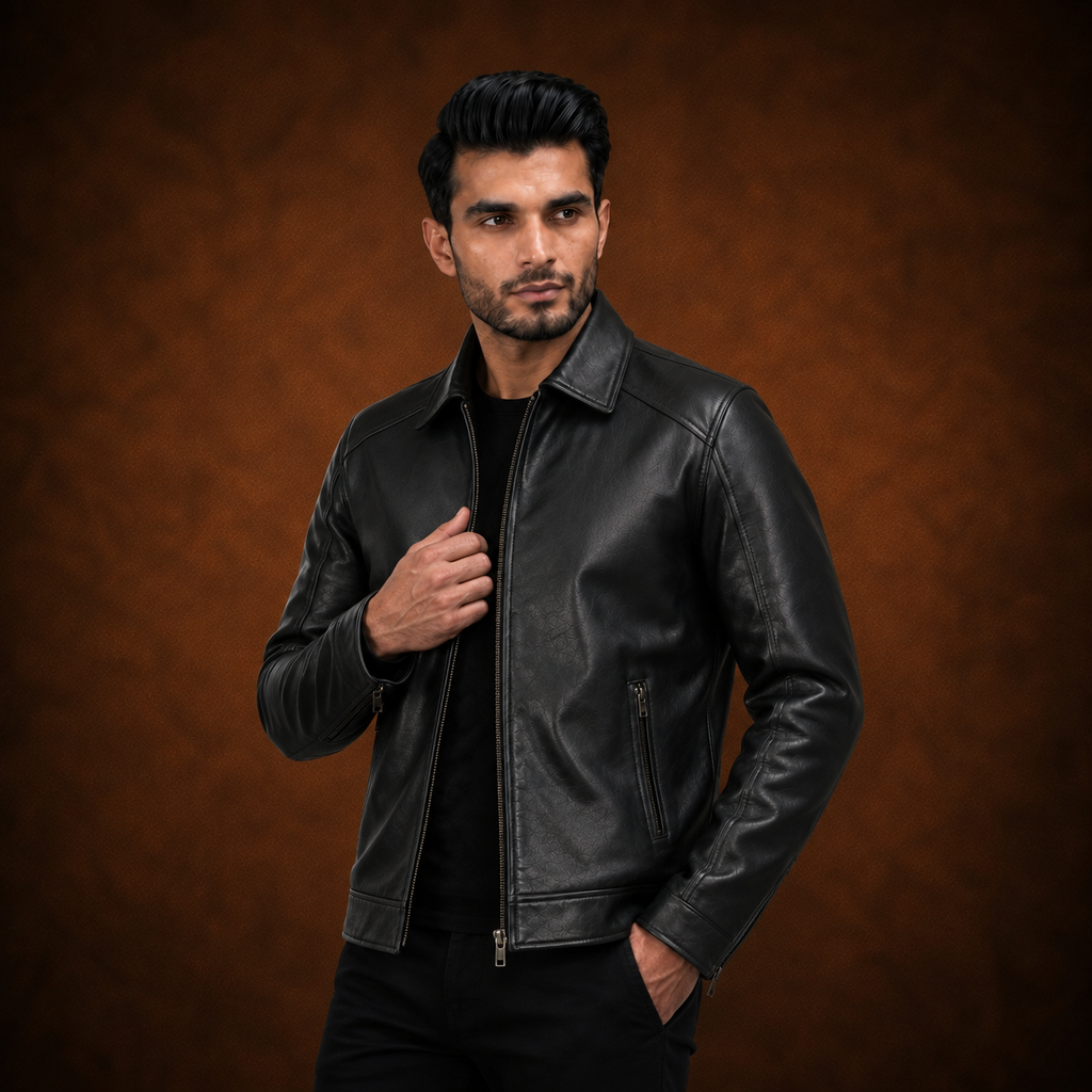Full-length view of a man wearing the FINEHIDE leather jacket