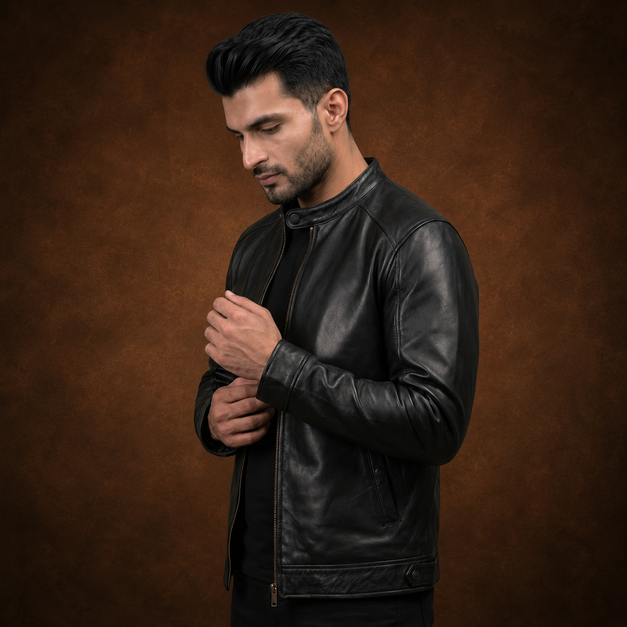 FINEHIDE MEN’S BLACK GENUINE  LEATHER BIKER JACKET WITH SNAP COLLAR FOR MEN