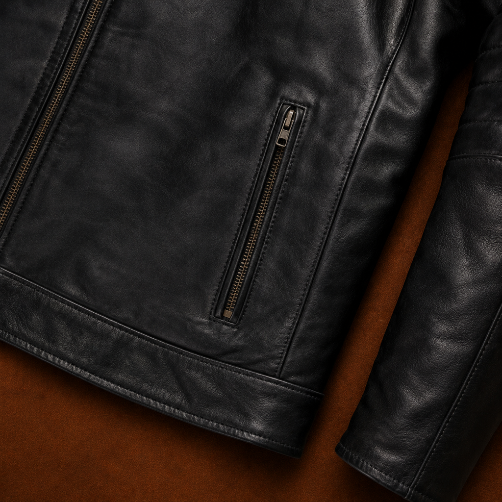 FINEHIDE MEN’S BLACK GENUINE LEATHER BOMBER JACKET FOR MEN