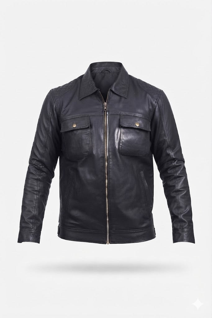 FINEHIDE MEN’S BLACK GENUINE LEATHER MULTI-POCKET JACKET FOR  MEN