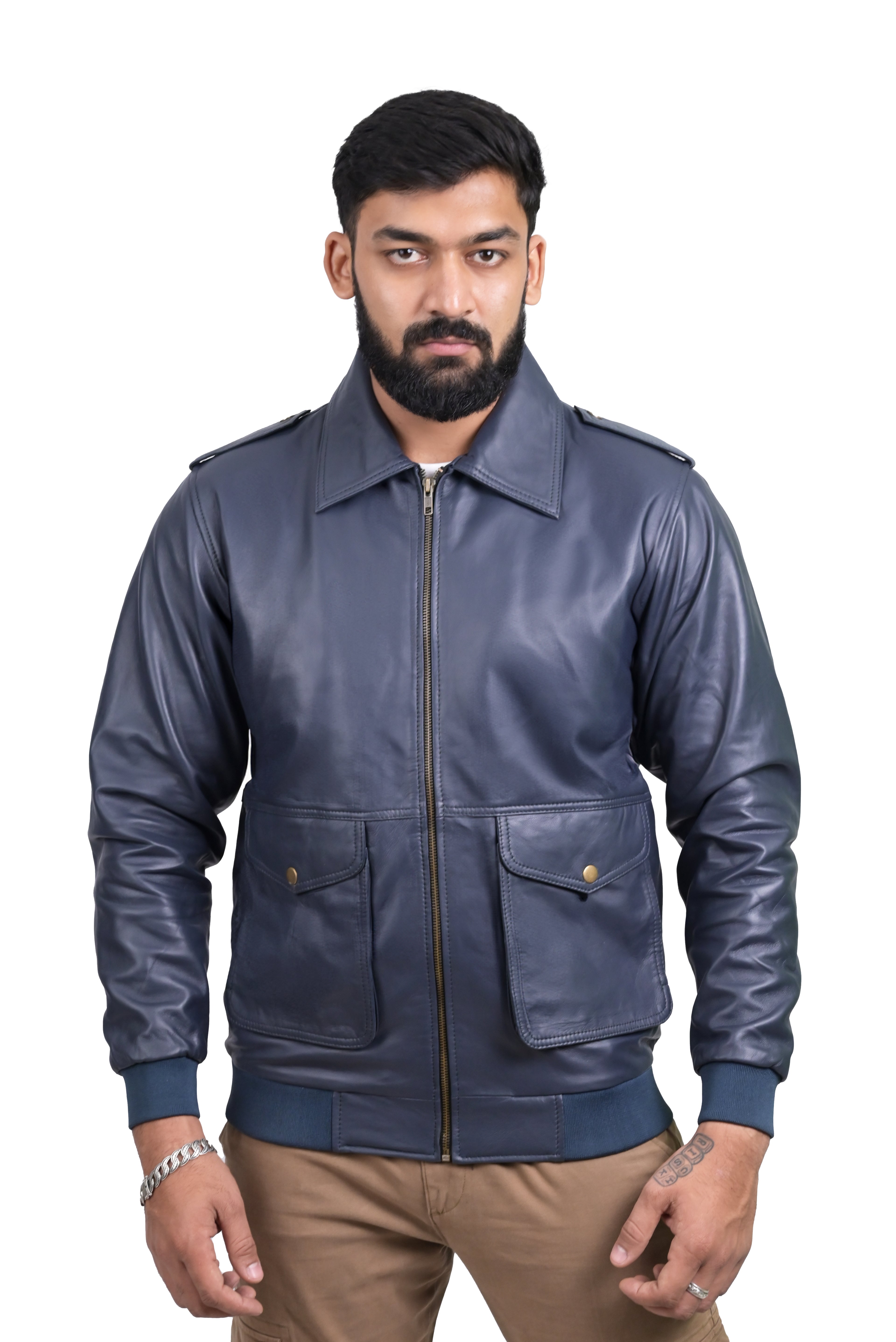 FINEHIDE NAVY SQUADRON BLUE BOMBER STYLE GENUINE LEATHER JACKETS FOR MENS