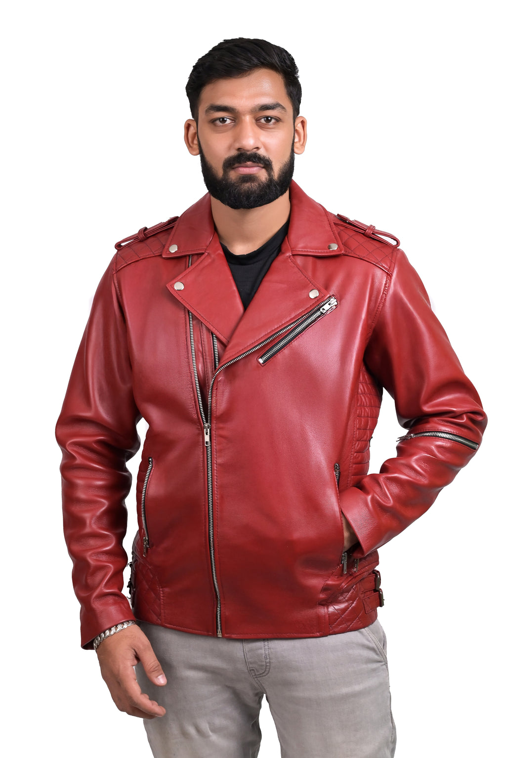 FINEHIDE  BOLD RED BIKER / RIDER GENUINE LEATHER JACKETS FOR MENS