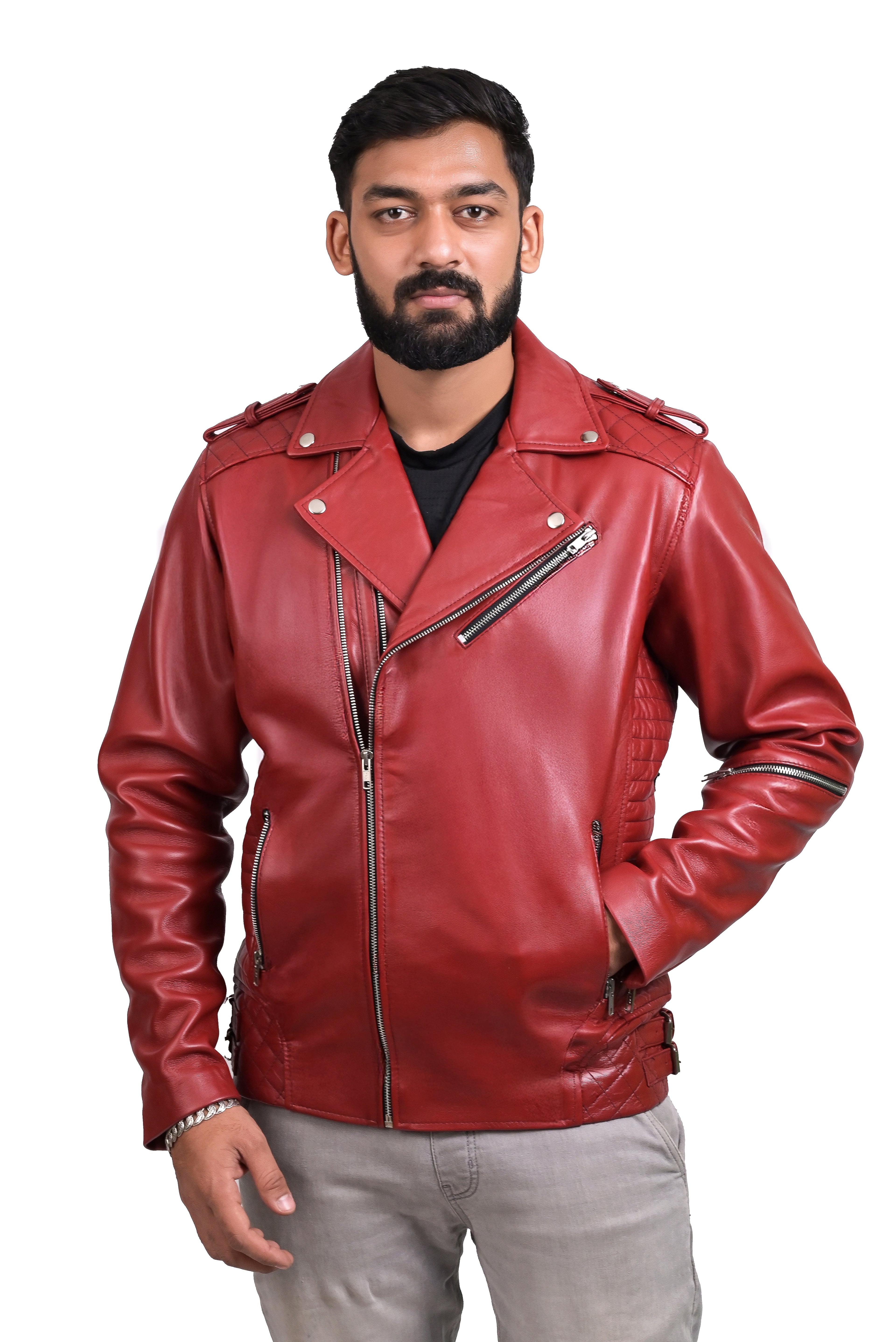 FINEHIDE  BOLD RED BIKER / RIDER GENUINE LEATHER JACKETS FOR MENS