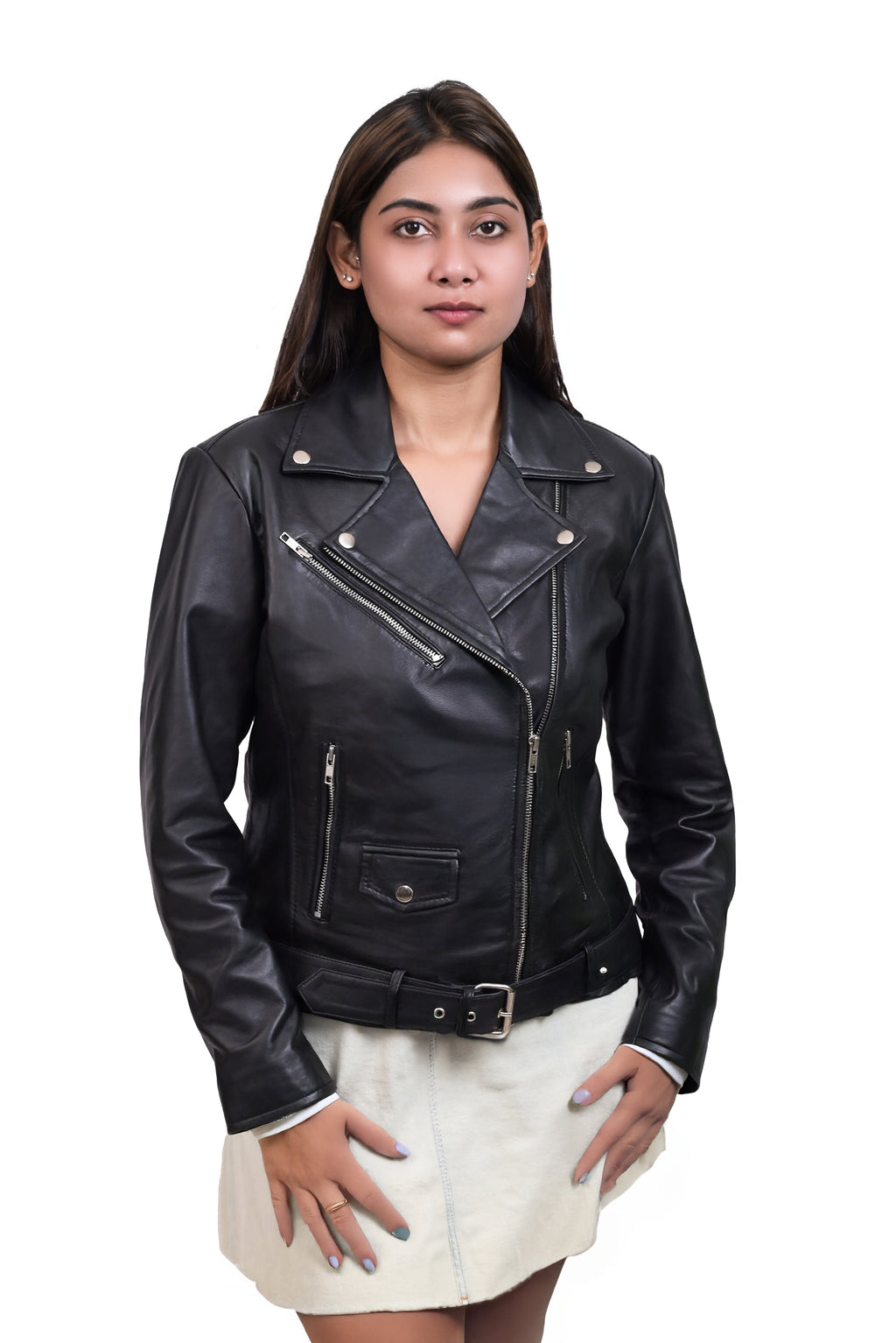 FINEHIDE  CLASSIC BLACK BELTED BIKER /RIDER GENUINE LEATHER JACKETS FOR WOMEN