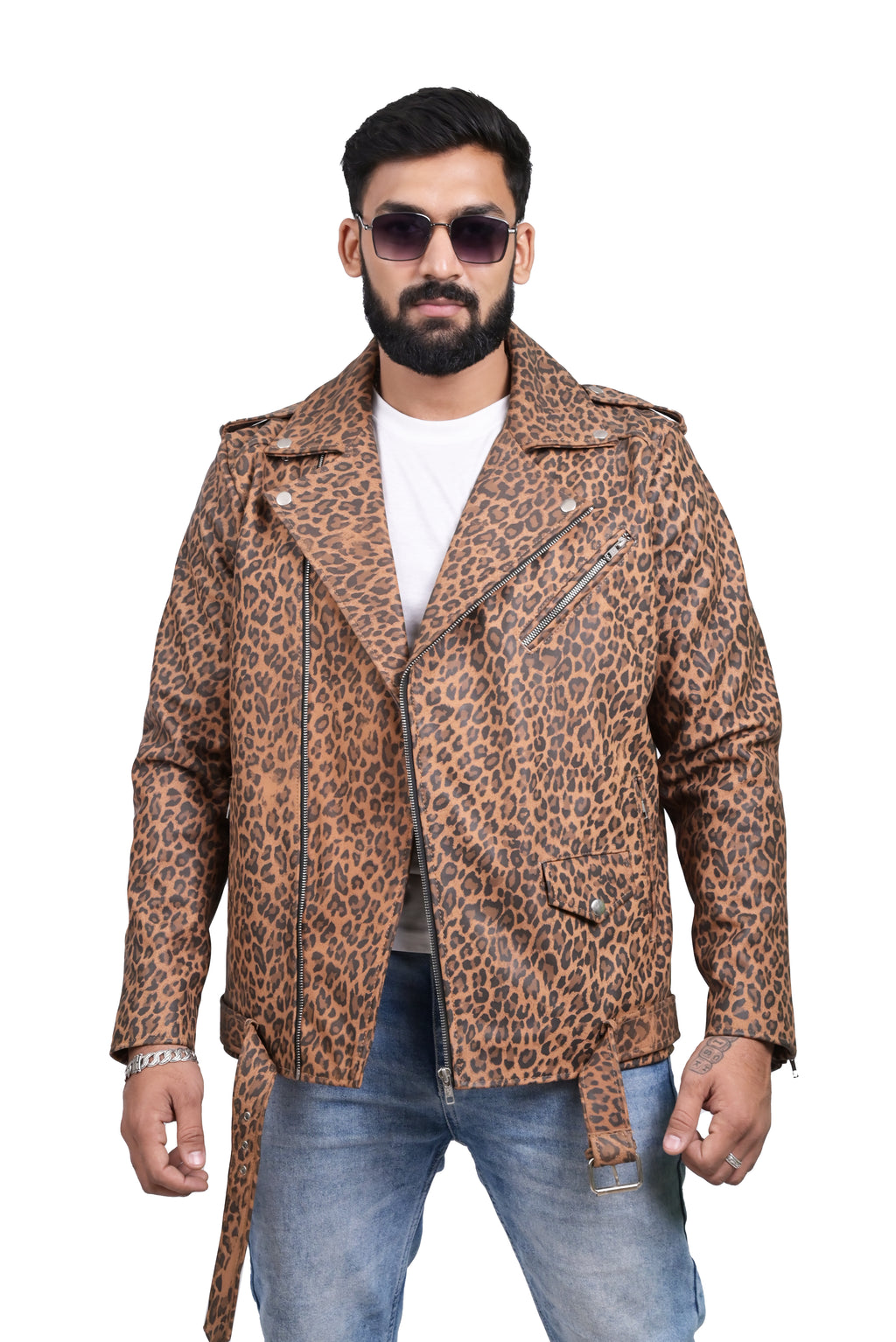 FINEHIDE BOLD LEOPARD PRINT BIKER GENUINE LEATHER JACKET FOR MEN