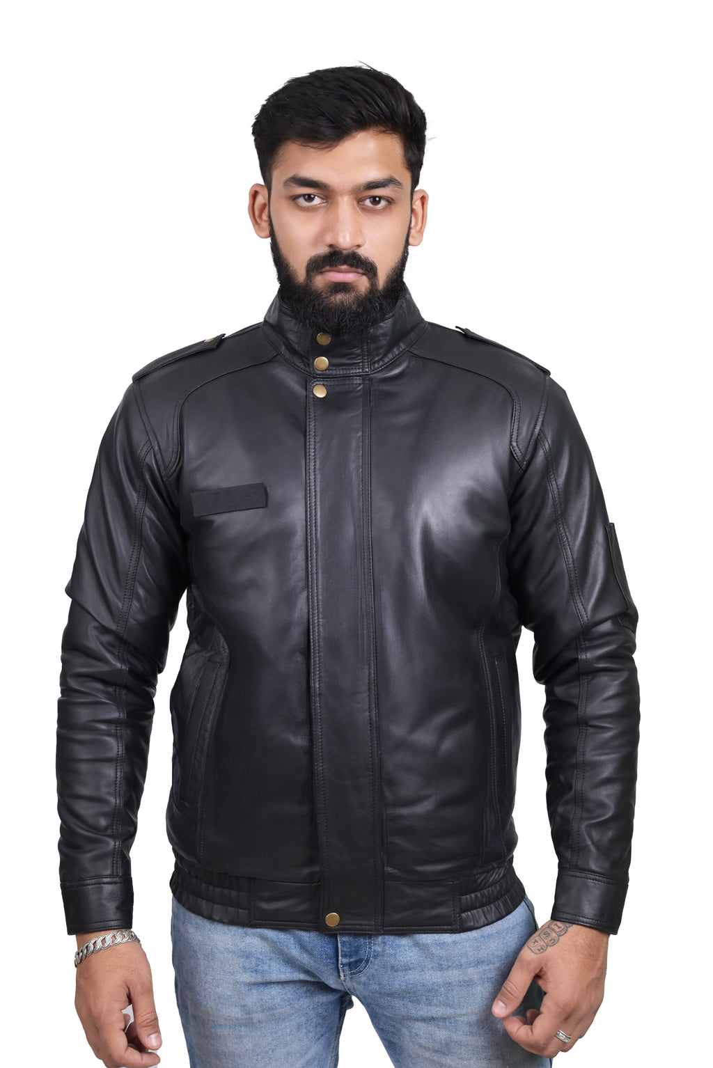 FINEHIDE SHADOW MARSHEL HIGH-NECK BLACK GENUINE LEATHER JACKETS FOR MENS