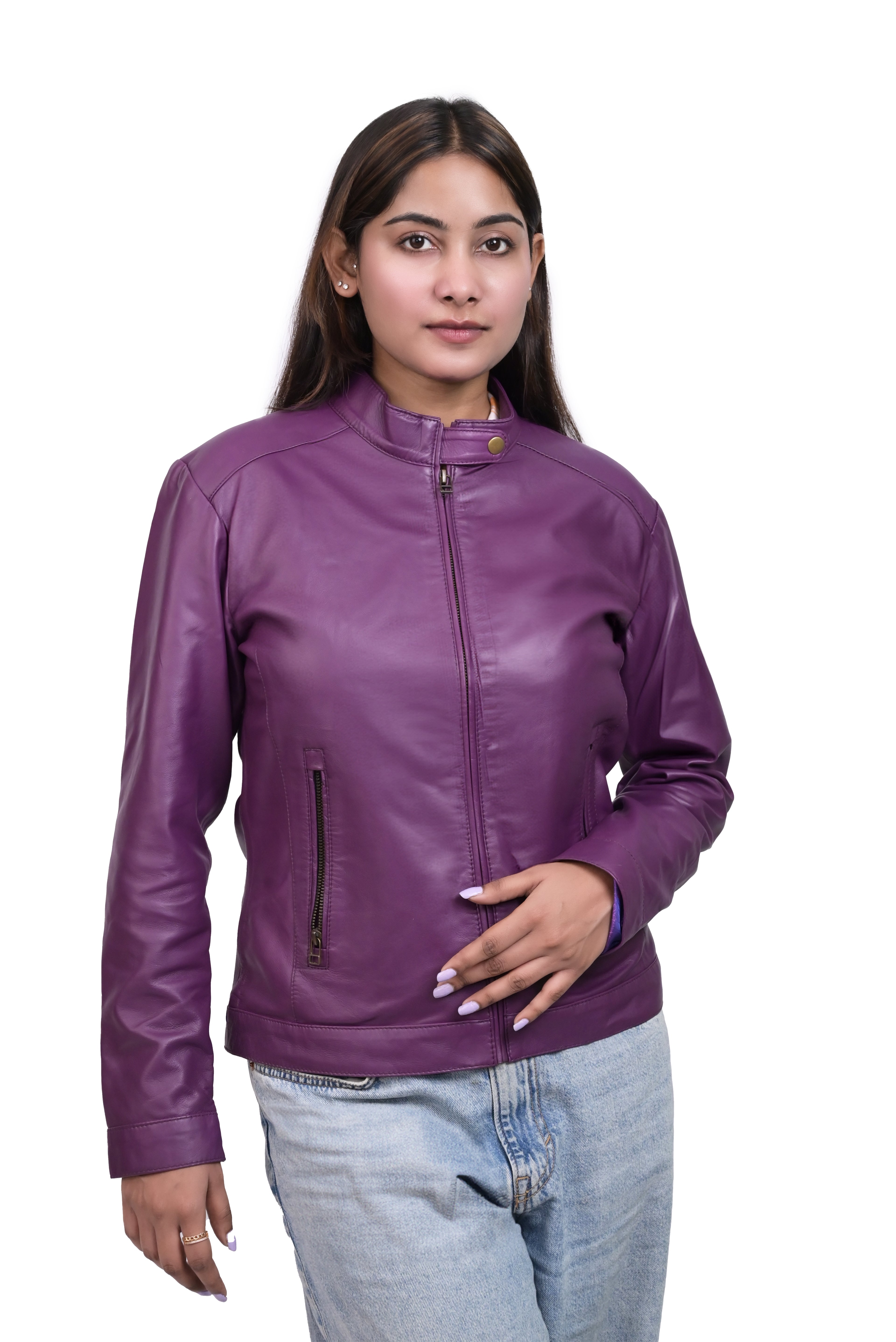 FINEHIDE VOILET VOUGE PURPEL MINIMAL BIKER GENUINE LEATHER JACKETS FOR WOMEN