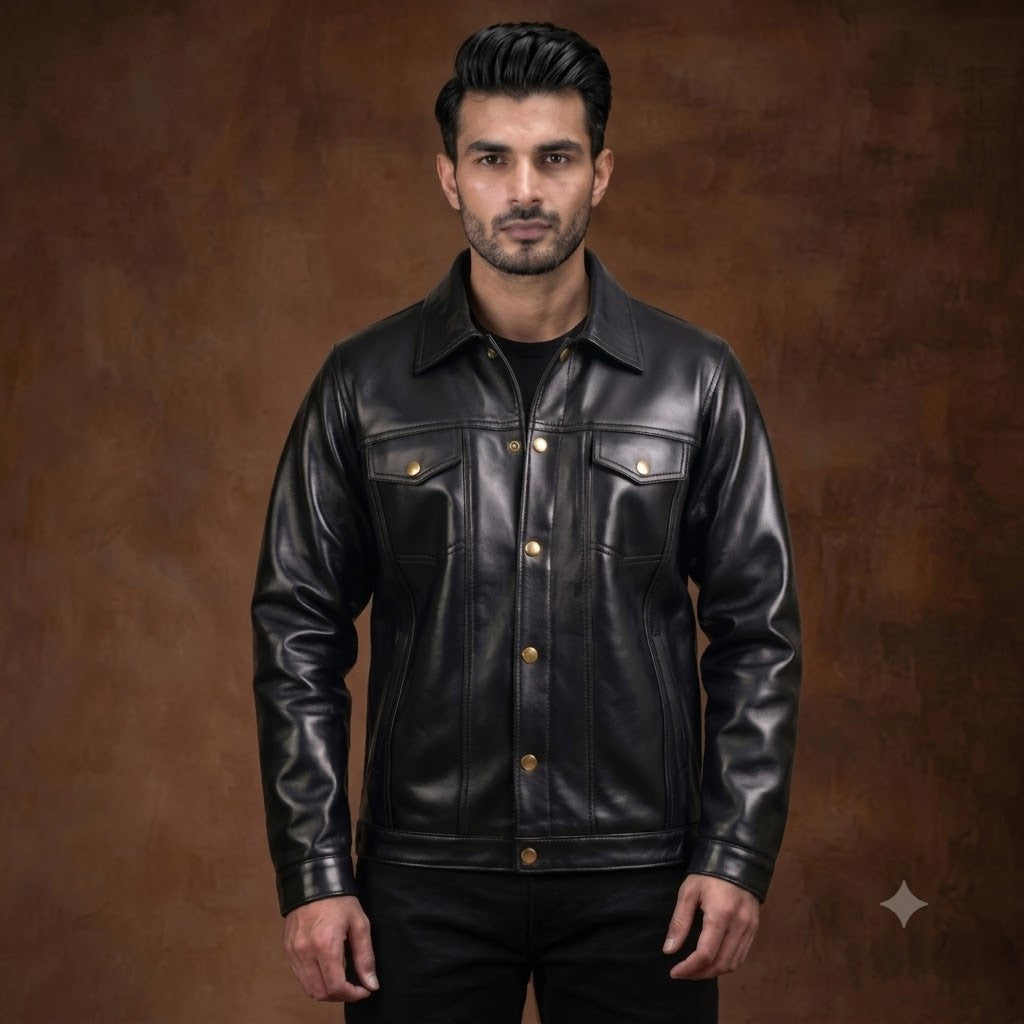 FINEHIDE MEN’S BLACK LEATHER SHIRT COLLAR JACKET WITH FLAP POCKETS