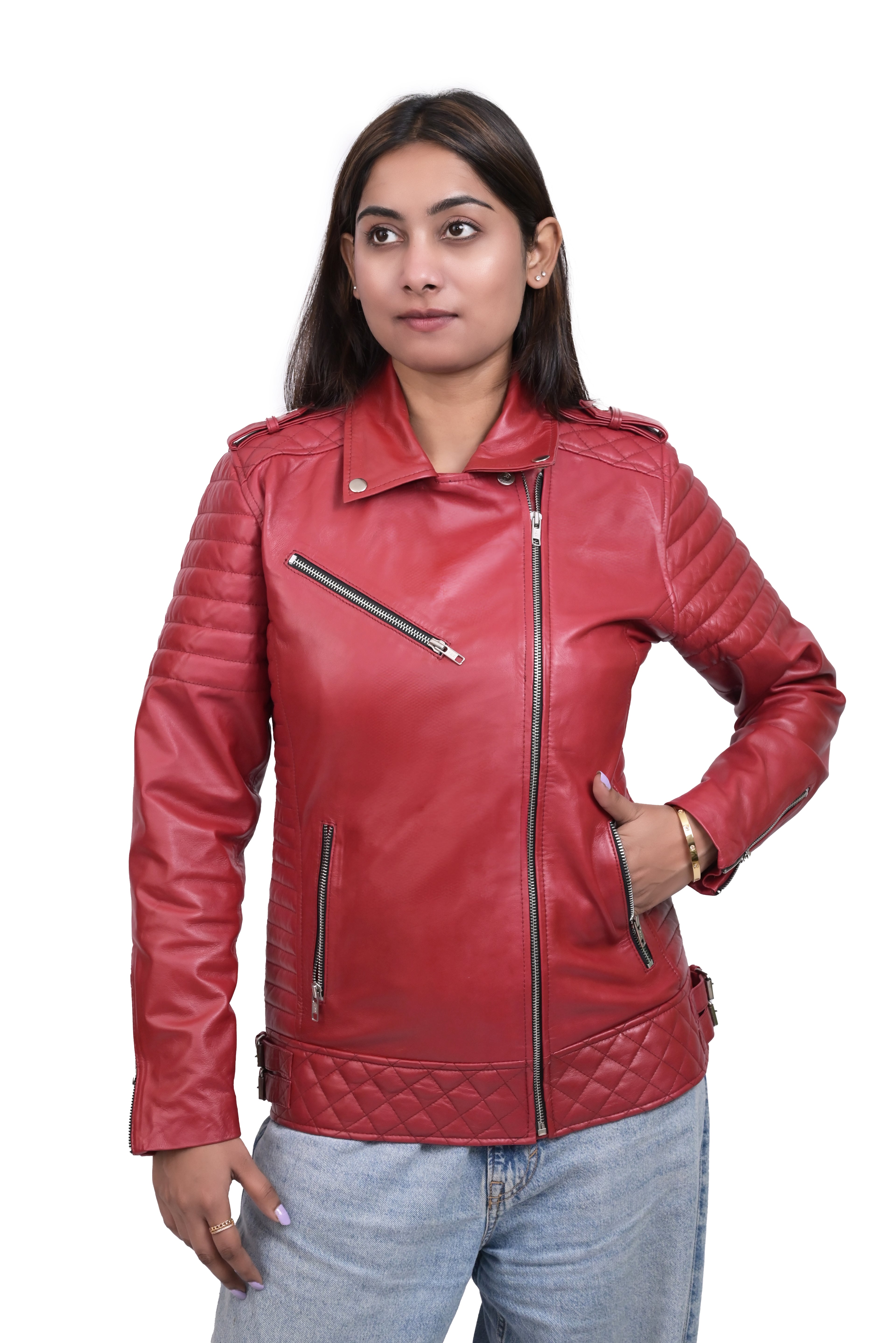 FINEHIDE SCARLET REBEL QUILTED SHOULDER BIKER / RIDER  GENUINE LEATHER JACKETS FOR WOMEN
