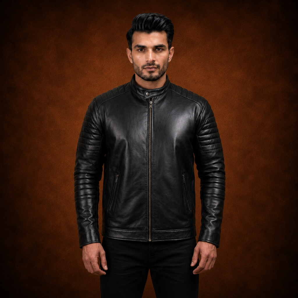FINEHIDE MEN’S BLACK GENUINE LEATHER BOMBER JACKET FOR MEN