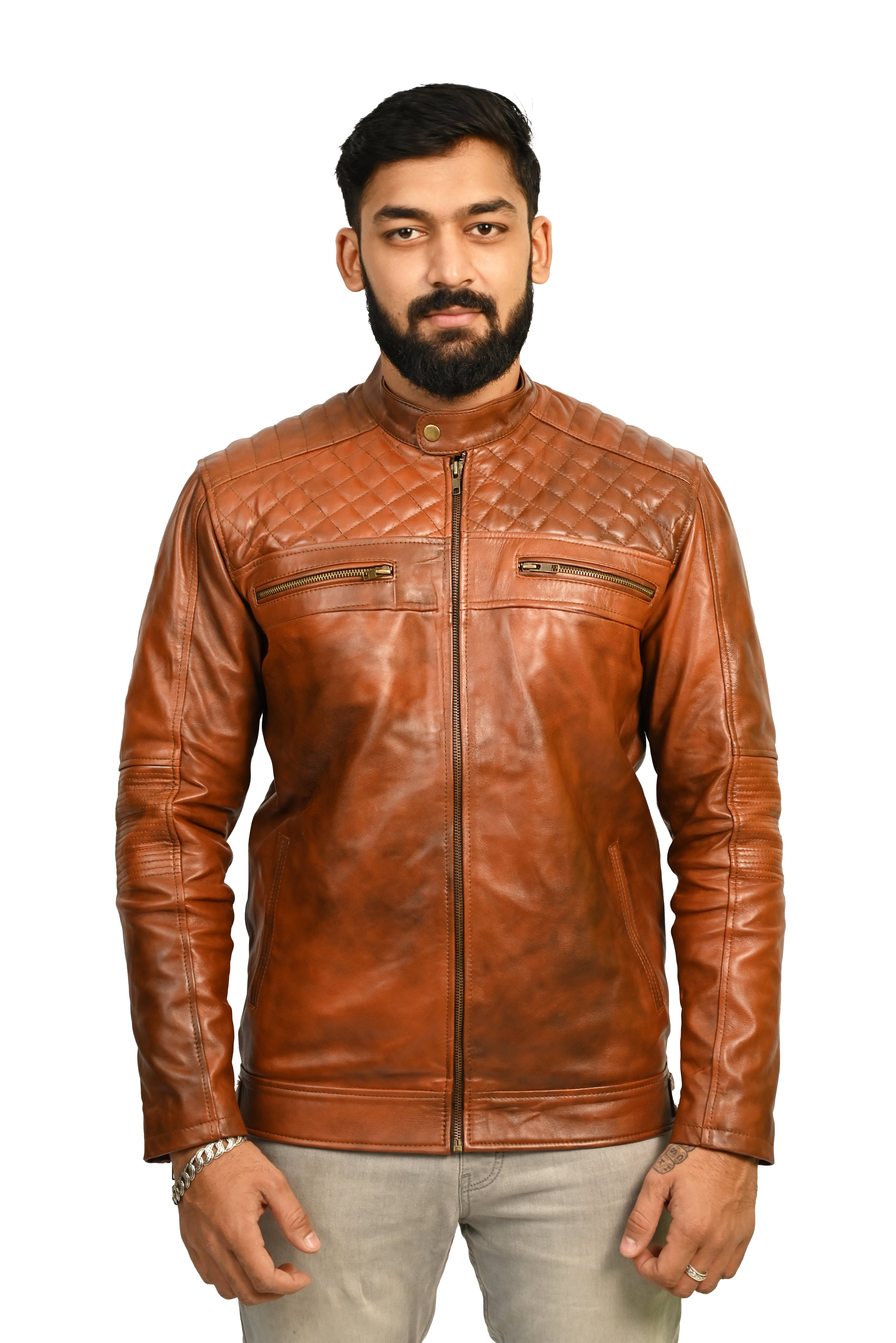FINEHIDE QUILTED REGAL TANANTIQUE  GENUINE LEATHER JACKETS FOR MENS