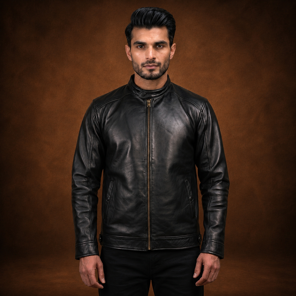FINEHIDE MEN’S BLACK GENUINE  LEATHER BIKER JACKET WITH SNAP COLLAR FOR MEN