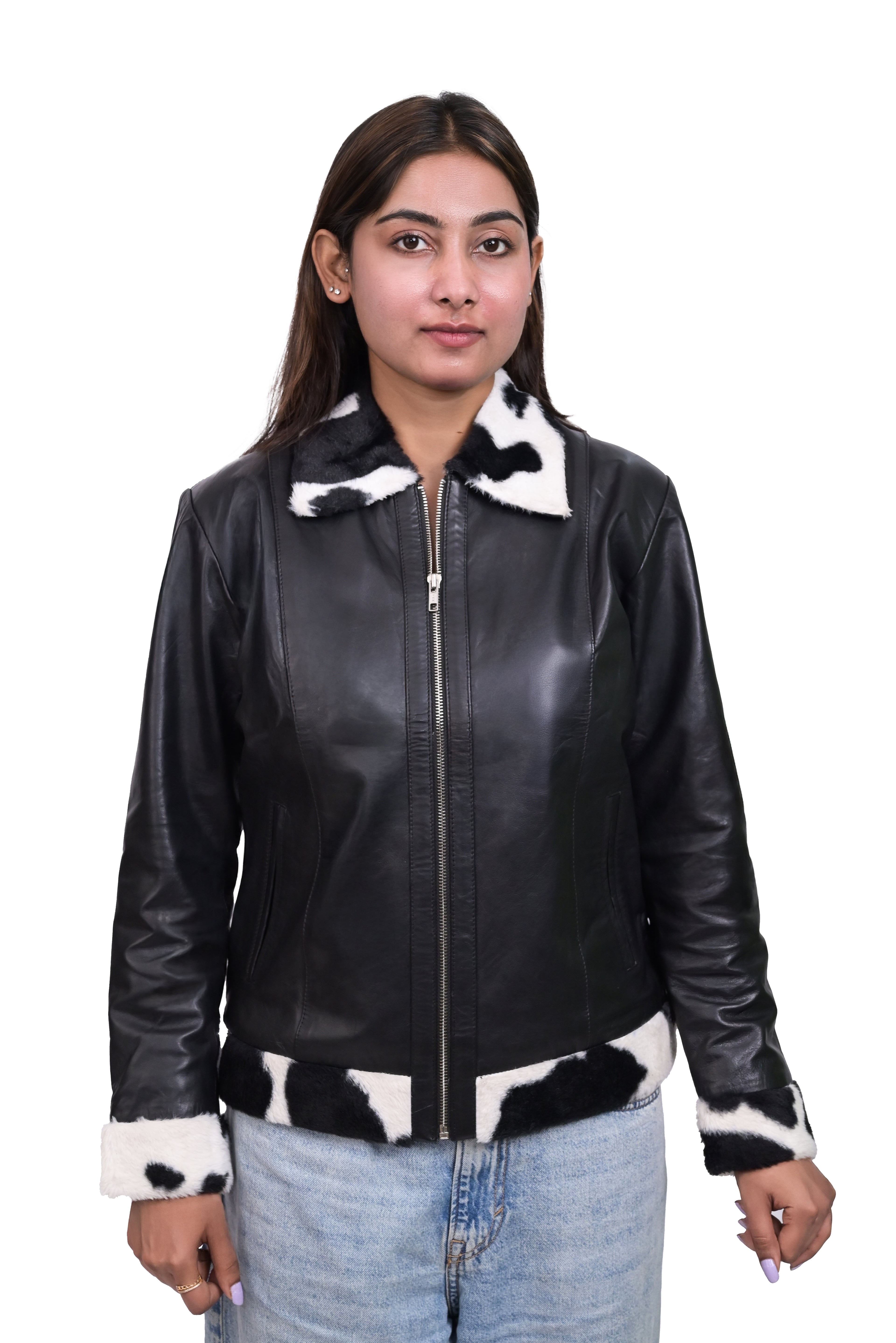 FINEHIDE  BLACK AND WHITE FUR / TRIMMED  GENUINE LEATHER JACKETS FOR WOMEN