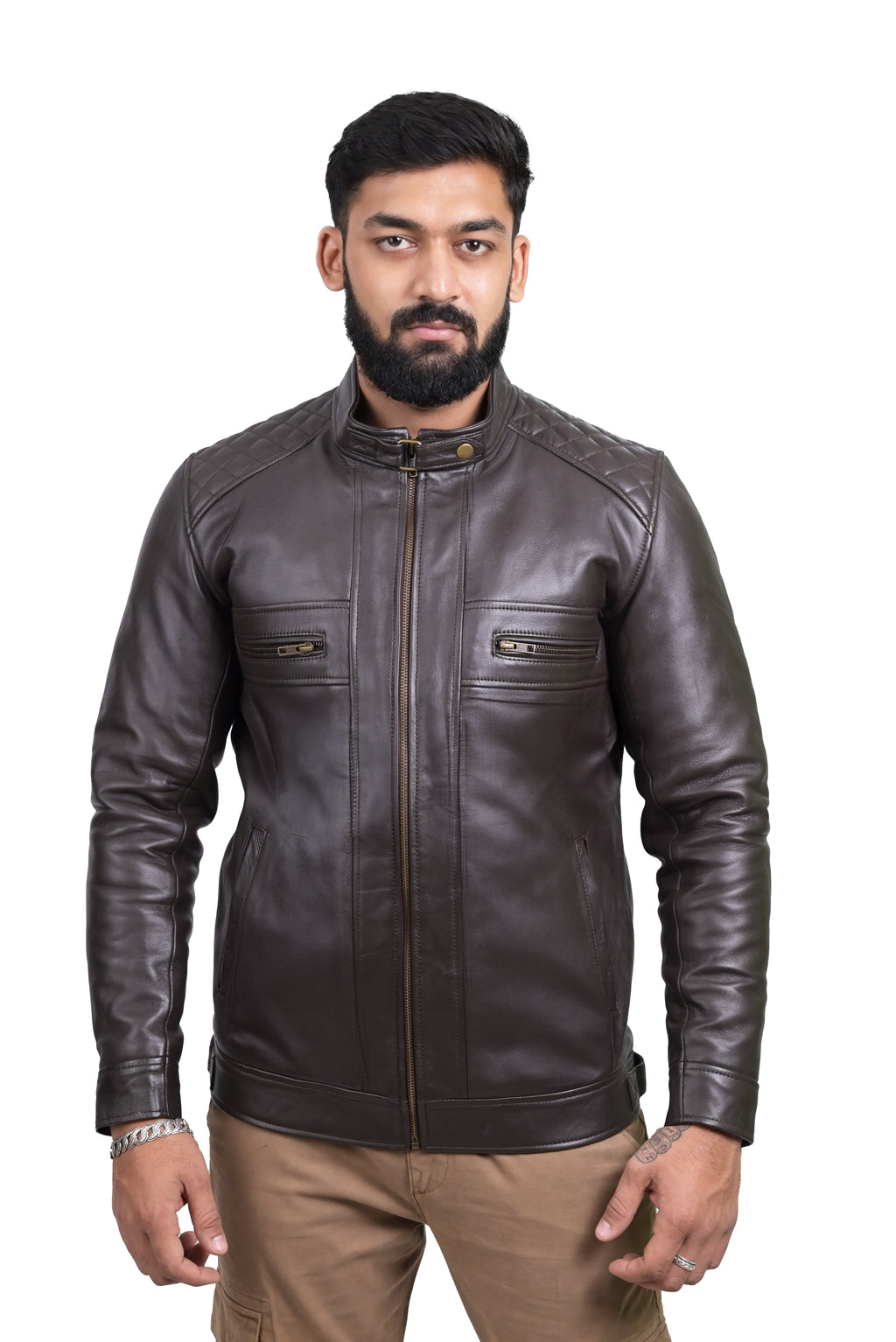 FINEHIDE DARK HERITAGE - QUILTED SHOULDER BROWN GENUINE LEATHER JACKKET FOR MEN