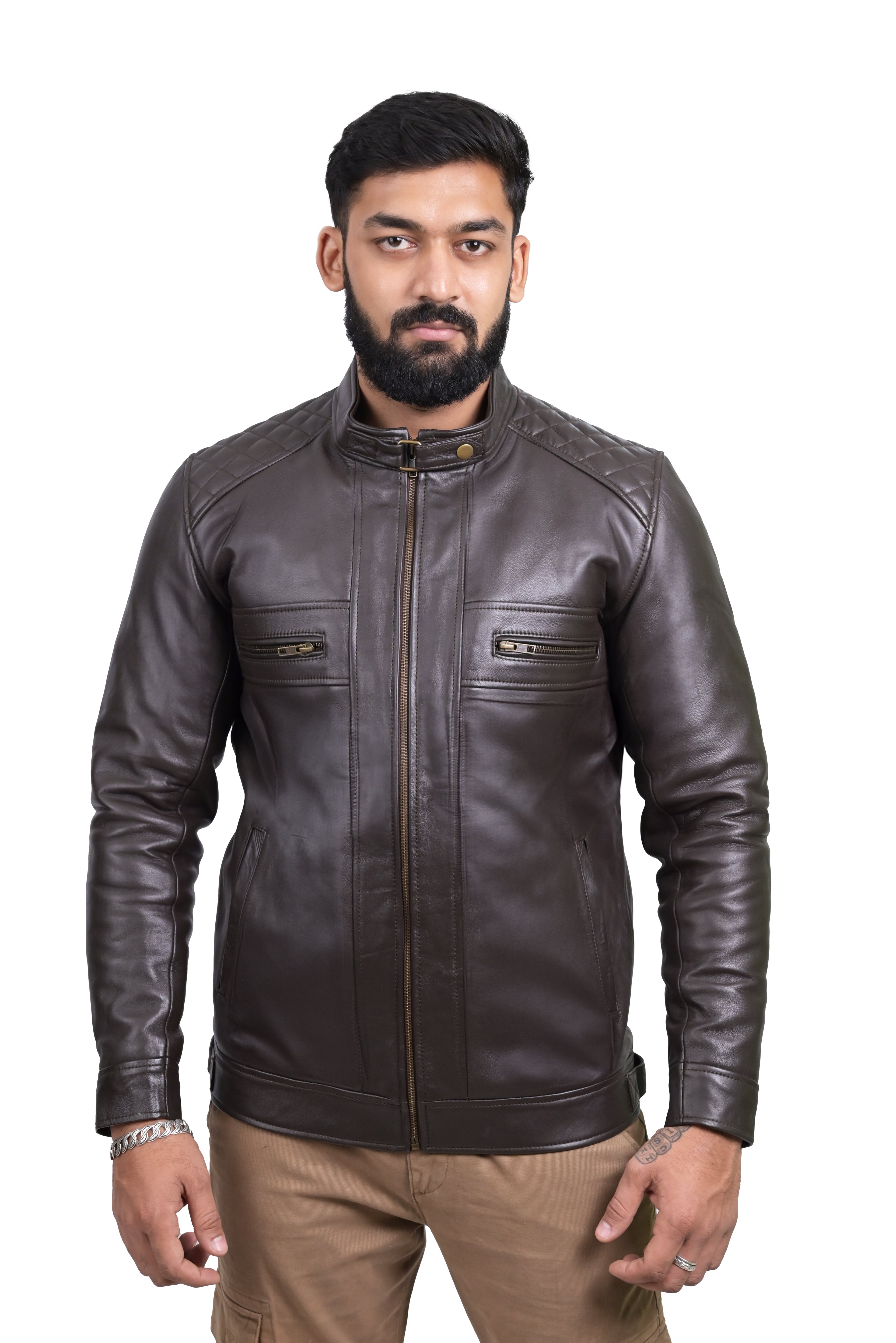 FINEHIDE DARK HERITAGE - QUILTED SHOULDER BROWN GENUINE LEATHER JACKKET FOR MEN