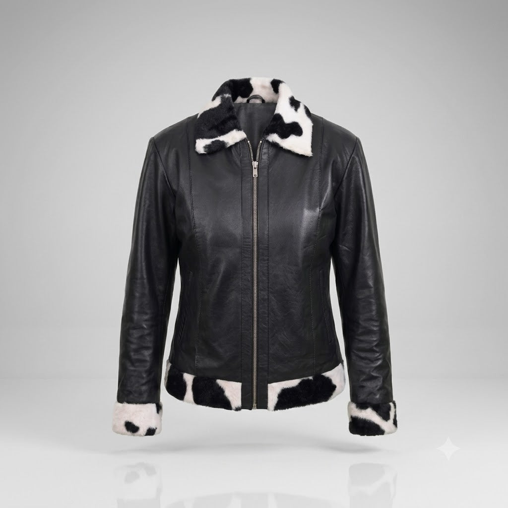 FINEHIDE WOMEN’S BLACK GENUINE LEATHER JACKET WITH BLACK & WHITE FUR-STYLE TRIM