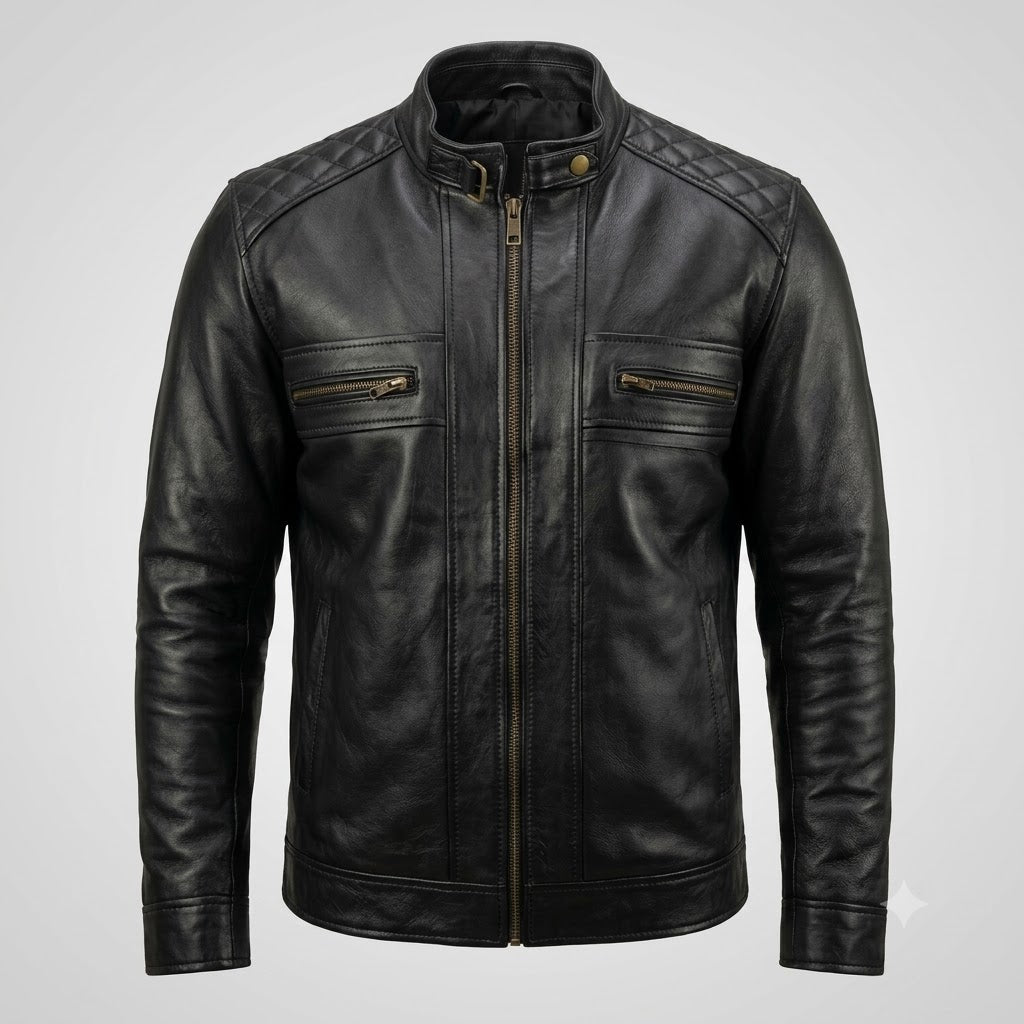 FINEHIDE MEN’S BLACK GENUINE LEATHER CAFE RACER JACKET FOR MEN