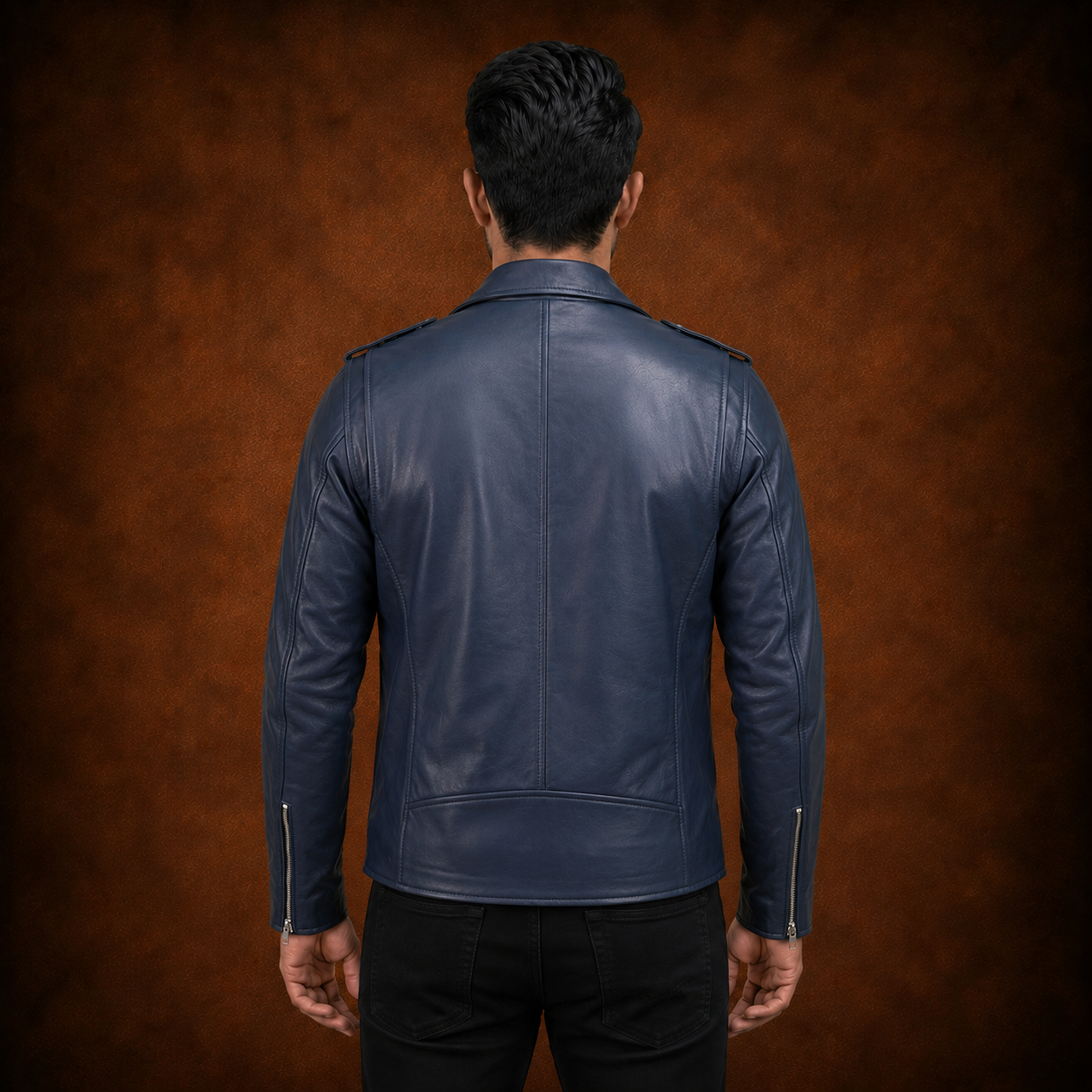 FINEHIDE MEN’S NAVY BLUE GENUINE LEATHER ASYMMETRICAL BIKER JACKET FOR MEN