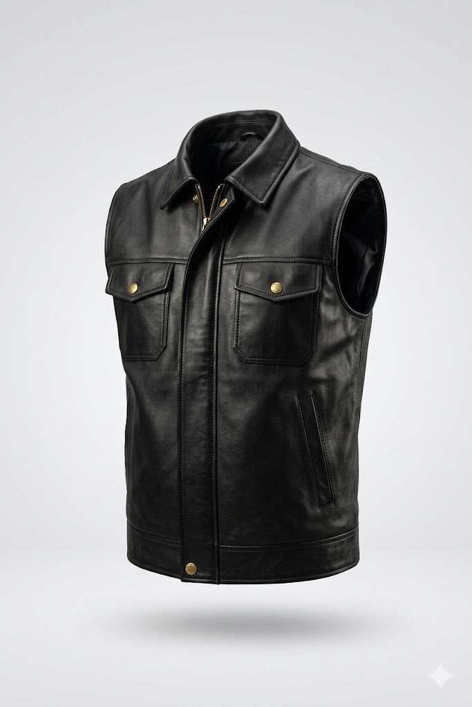 FINEHIDE MEN’S BLACK GENUINE LEATHER SLEEVELESS BIKER VEST FOR MEN