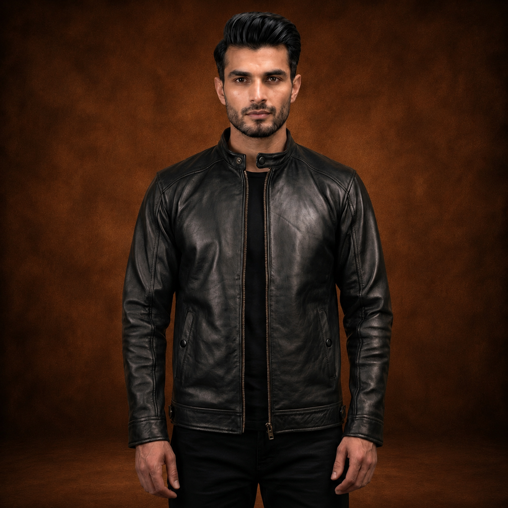 FINEHIDE MEN’S BLACK GENUINE  LEATHER BIKER JACKET WITH SNAP COLLAR FOR MEN