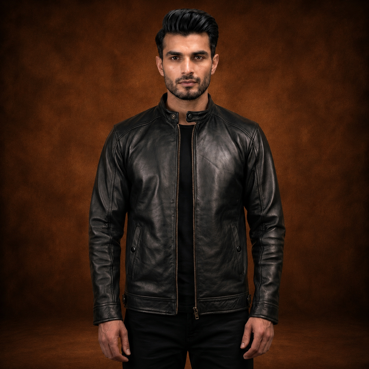 FINEHIDE MEN’S BLACK GENUINE  LEATHER BIKER JACKET WITH SNAP COLLAR FOR MEN