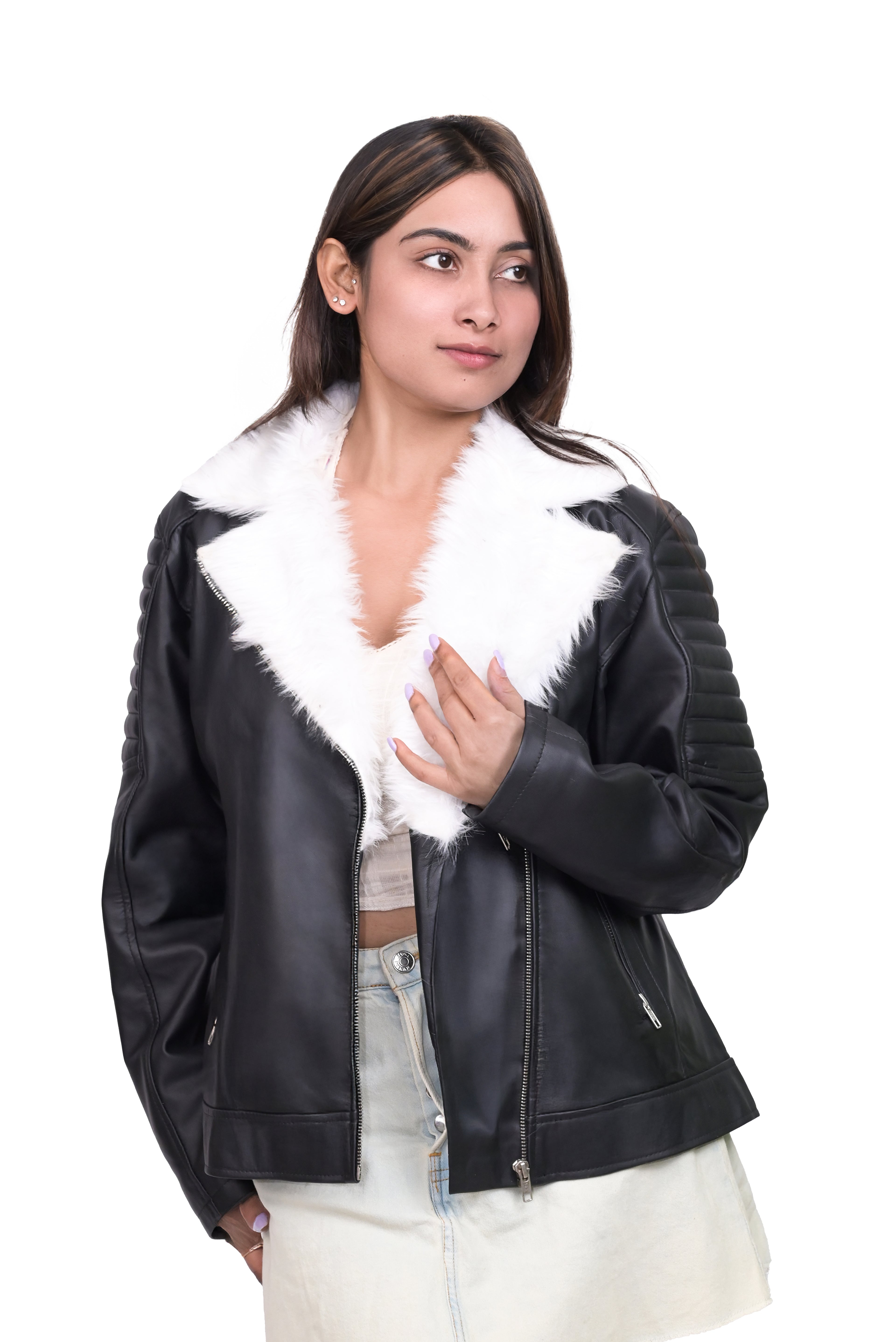 FINEHIDE ARCTIC CHARM BLACK BIKER JACKET WITH WHITE FUR LAPELES GENUINE   LEATHER JACKETS FOR WOMEN