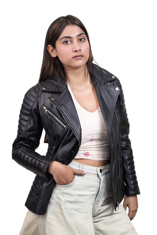 FINEHIDE  SHADOW REBEL BLACK PADDED BIKER /RIDER GENUINE LEATHER JACKETS FOR WOMEN