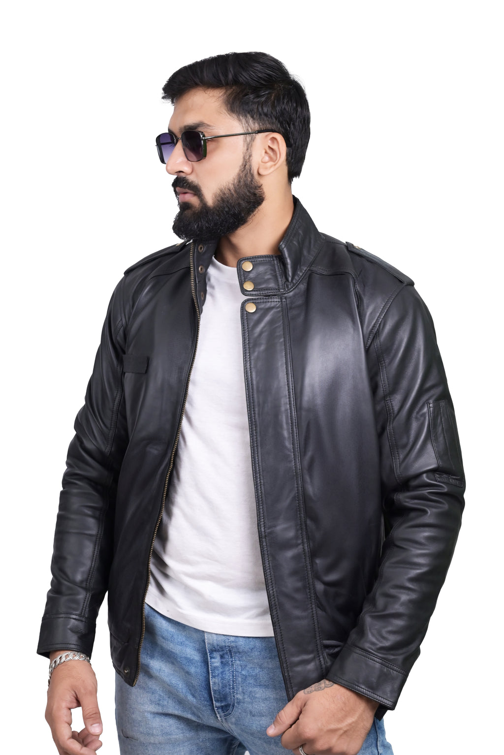 FINEHIDE SHADOW MARSHEL HIGH-NECK BLACK GENUINE LEATHER JACKETS FOR MENS