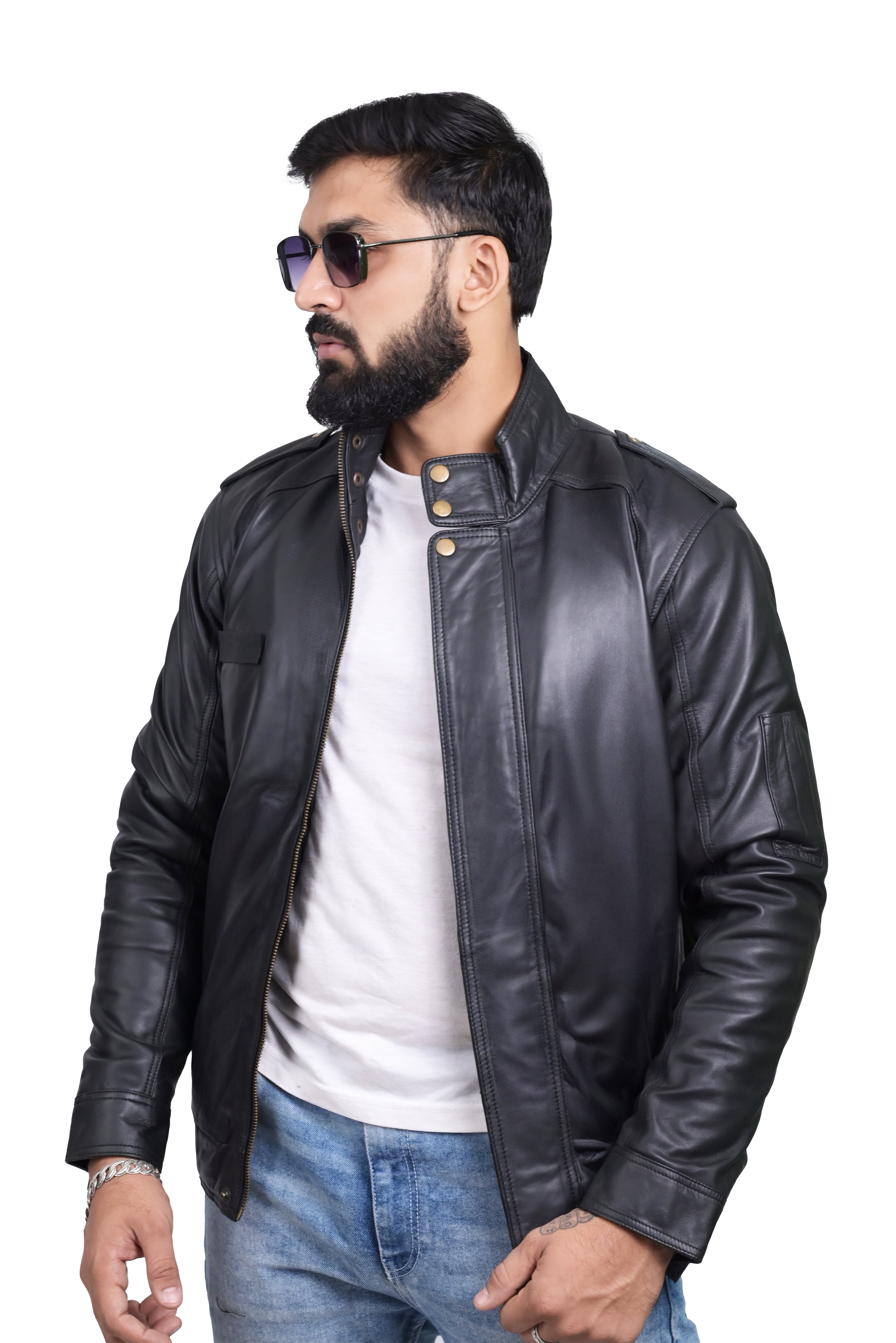 FINEHIDE SHADOW MARSHEL HIGH-NECK BLACK GENUINE LEATHER JACKETS FOR MENS