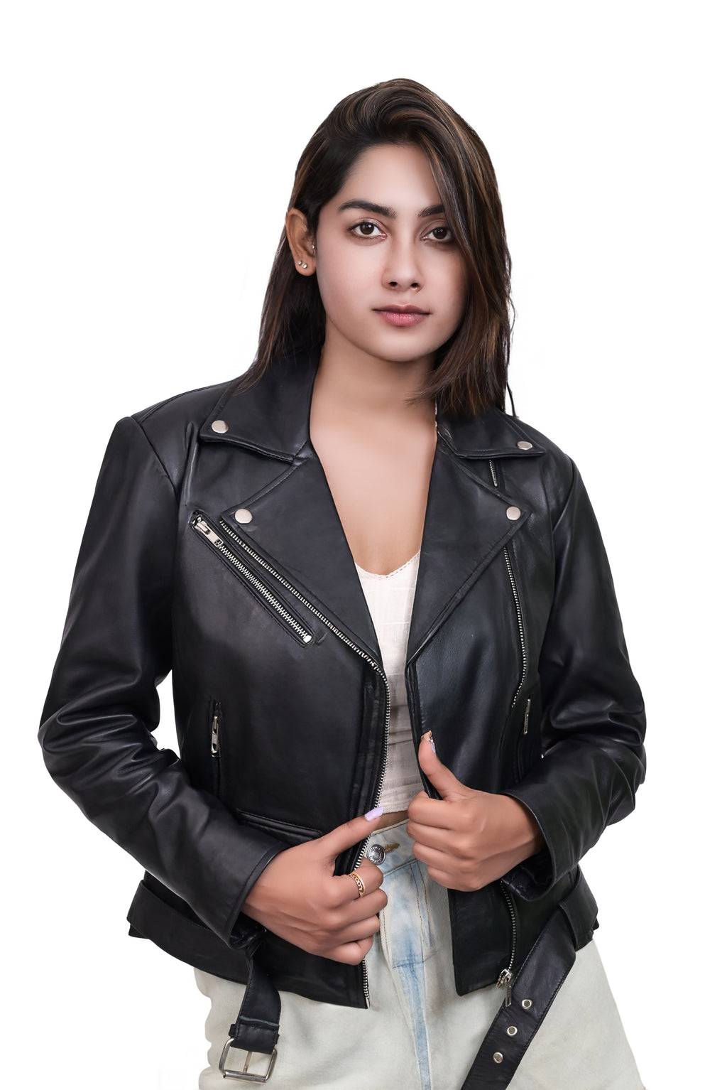 FINEHIDE  CLASSIC BLACK BELTED BIKER /RIDER GENUINE LEATHER JACKETS FOR WOMEN