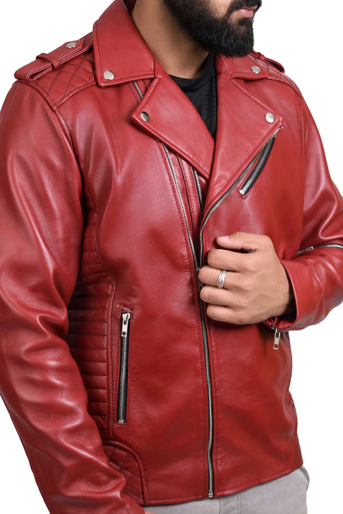 FINEHIDE  BOLD RED BIKER / RIDER GENUINE LEATHER JACKETS FOR MENS