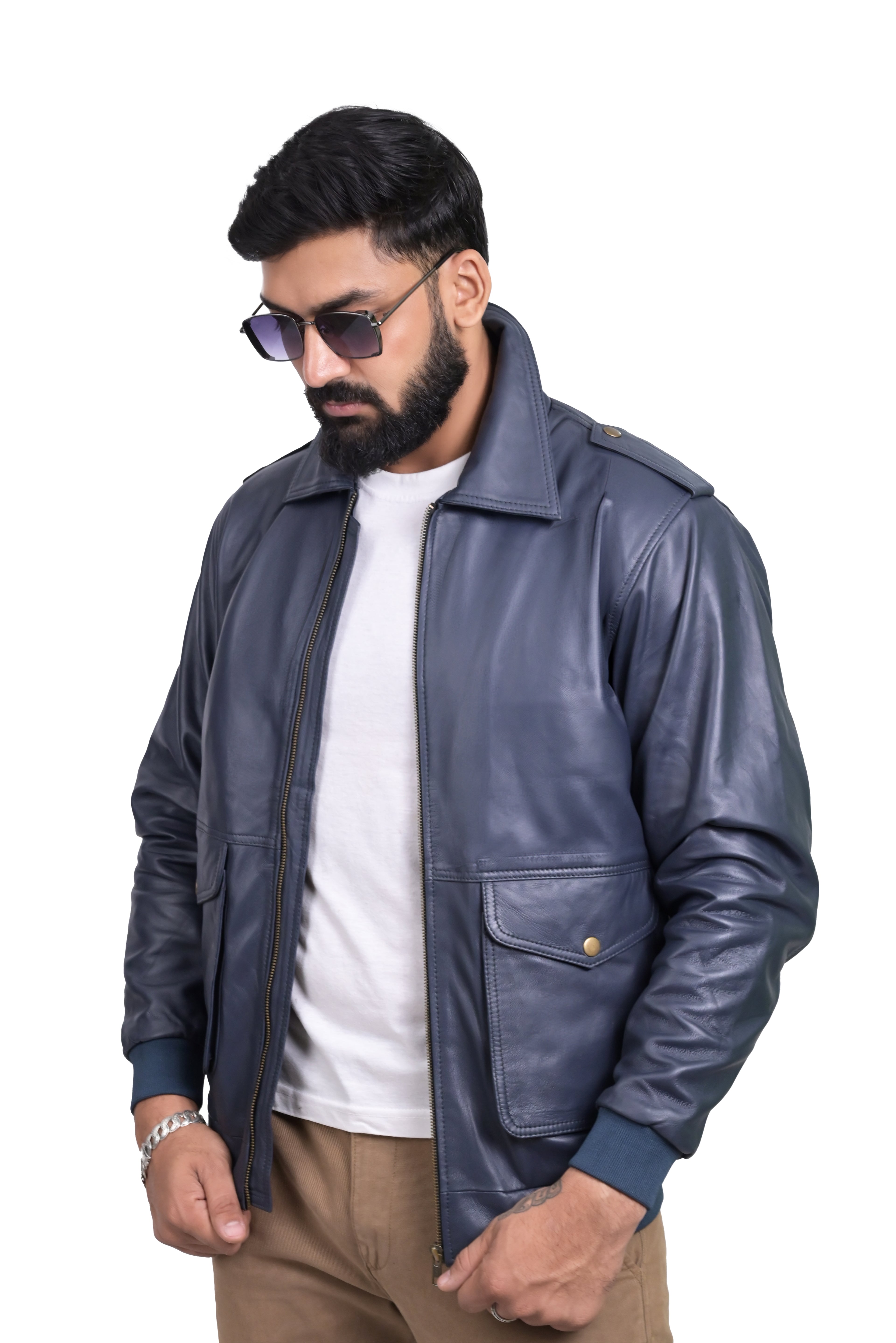 FINEHIDE NAVY SQUADRON BLUE BOMBER STYLE GENUINE LEATHER JACKETS FOR MENS