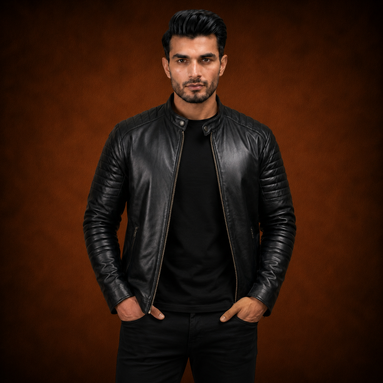 FINEHIDE MEN’S BLACK GENUINE LEATHER BOMBER JACKET FOR MEN
