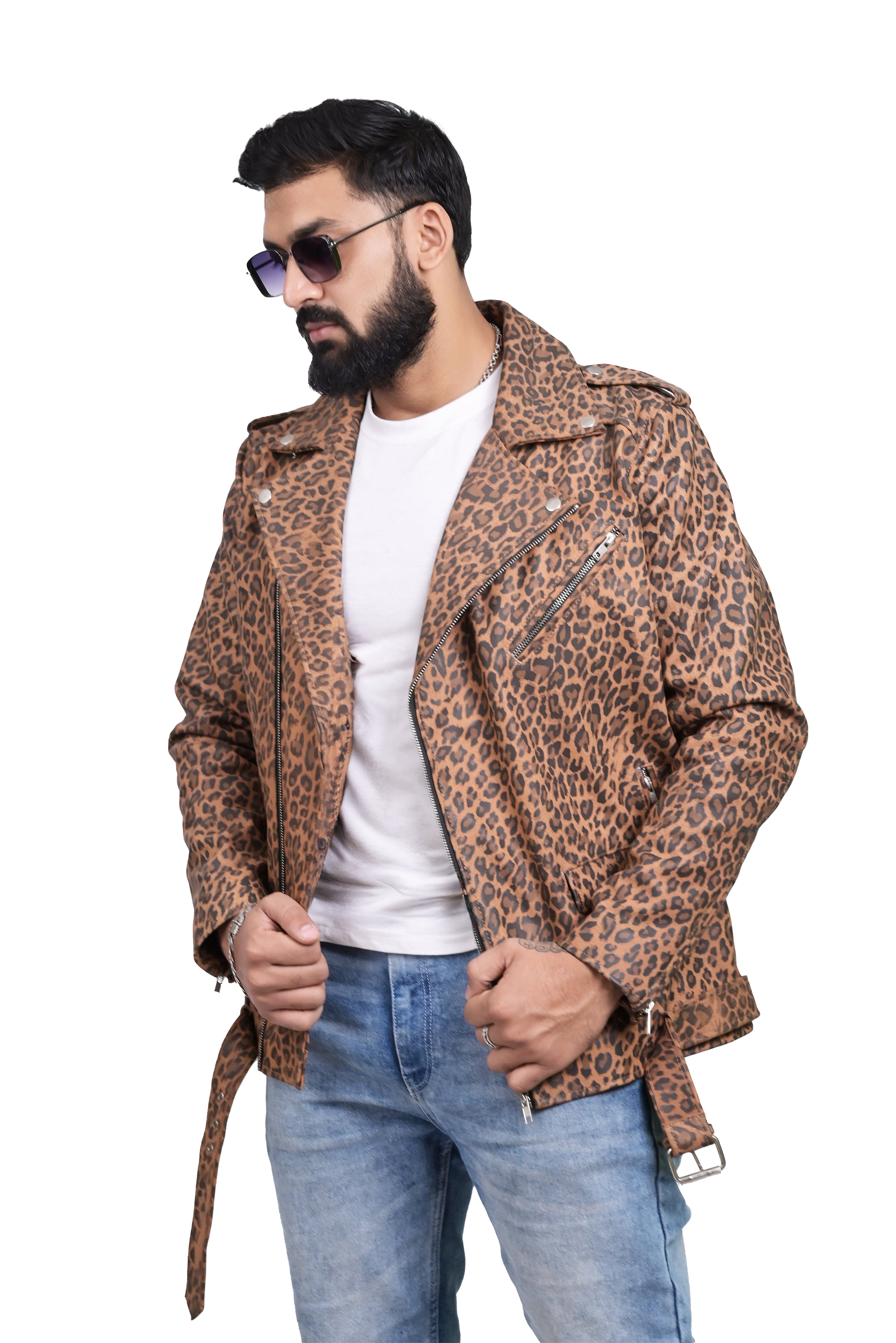 FINEHIDE BOLD LEOPARD PRINT BIKER GENUINE LEATHER JACKET FOR MEN